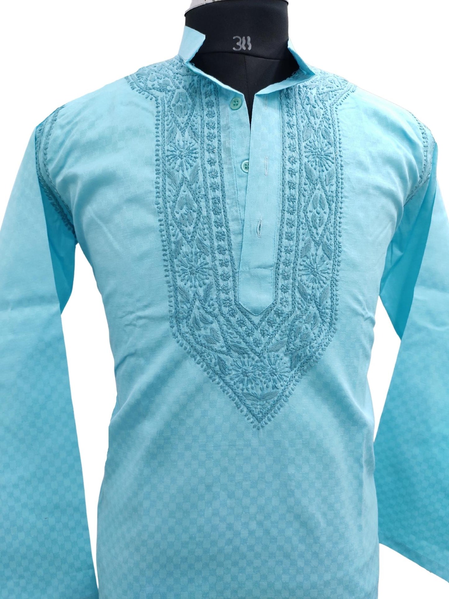 Shyamal Chikan Hand Embroidered Blue Cotton Lucknowi Chikankari Men's Kurta – S18574