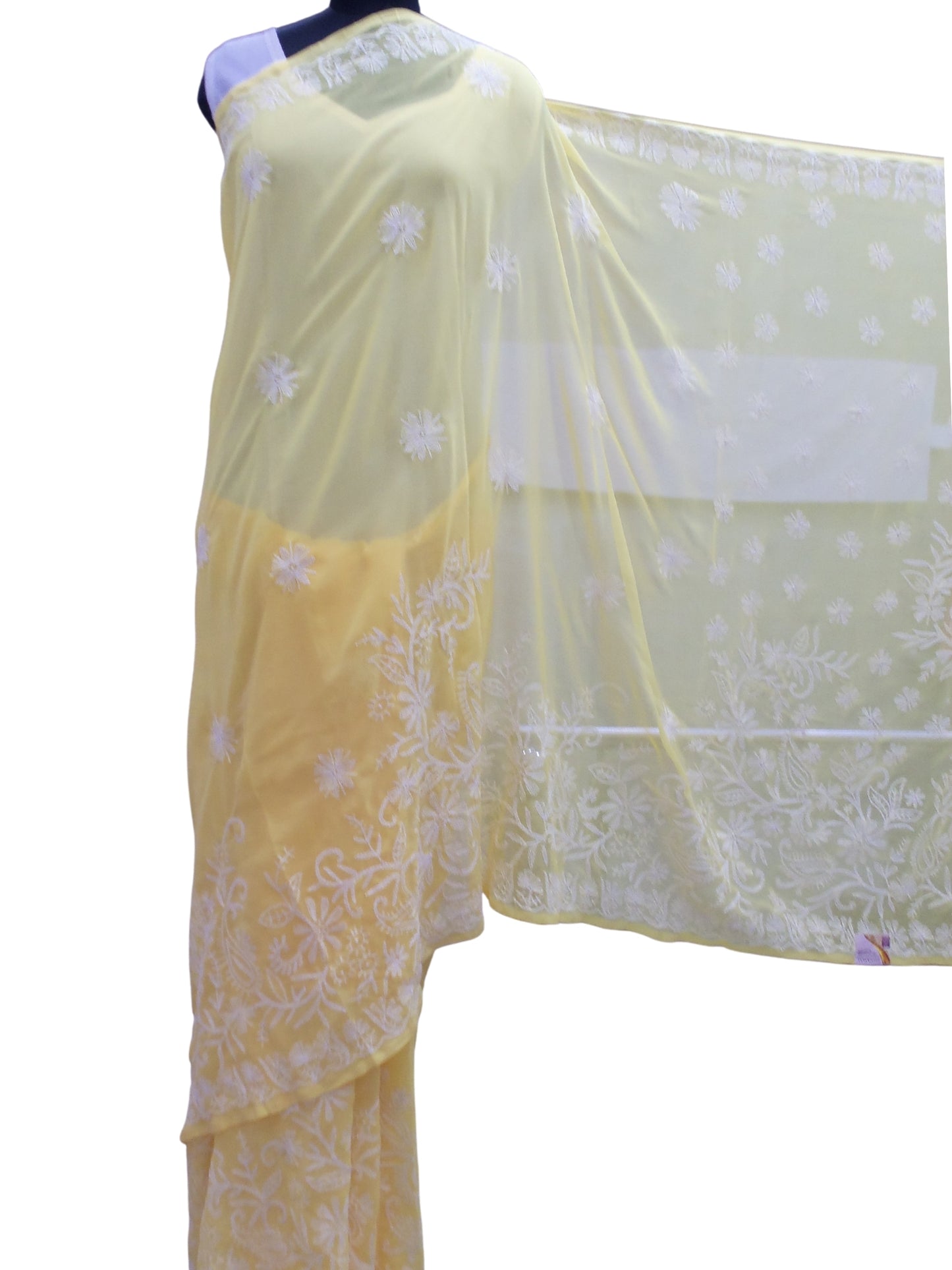 Shyamal Chikan Hand Embroidered Yellow Georgette Lucknowi Chikankari Saree With Blouse Piece and Tepchi Work - S1170