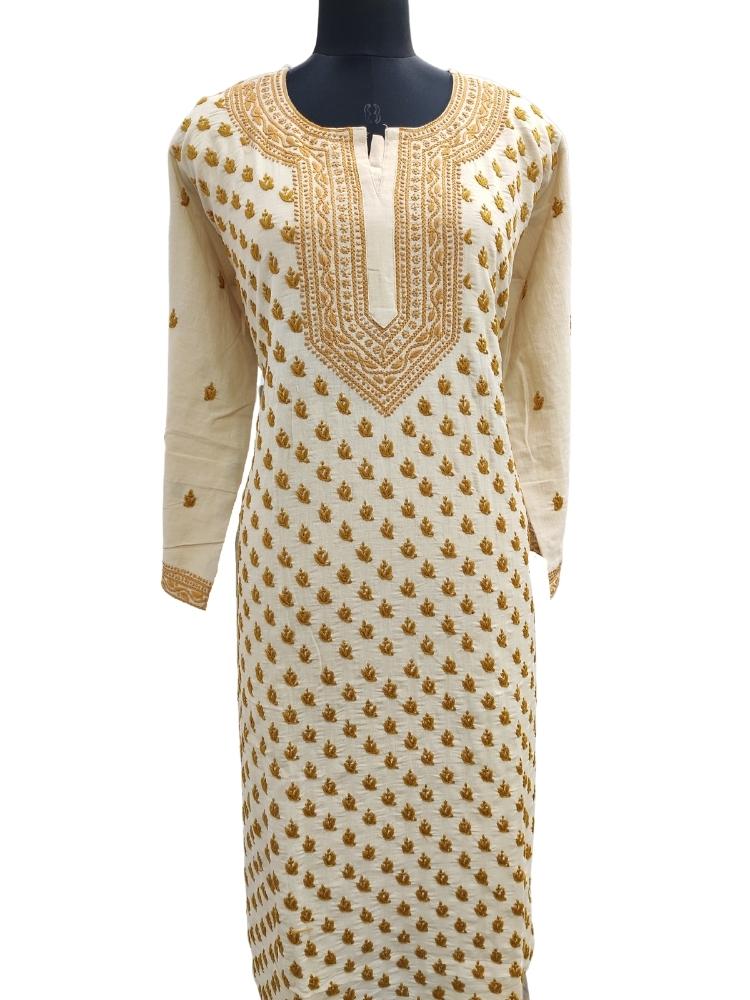 Shyamal Chikan Hand Embroidered Beige Lenin Cotton Lucknowi Chikankari Kurti- S12185