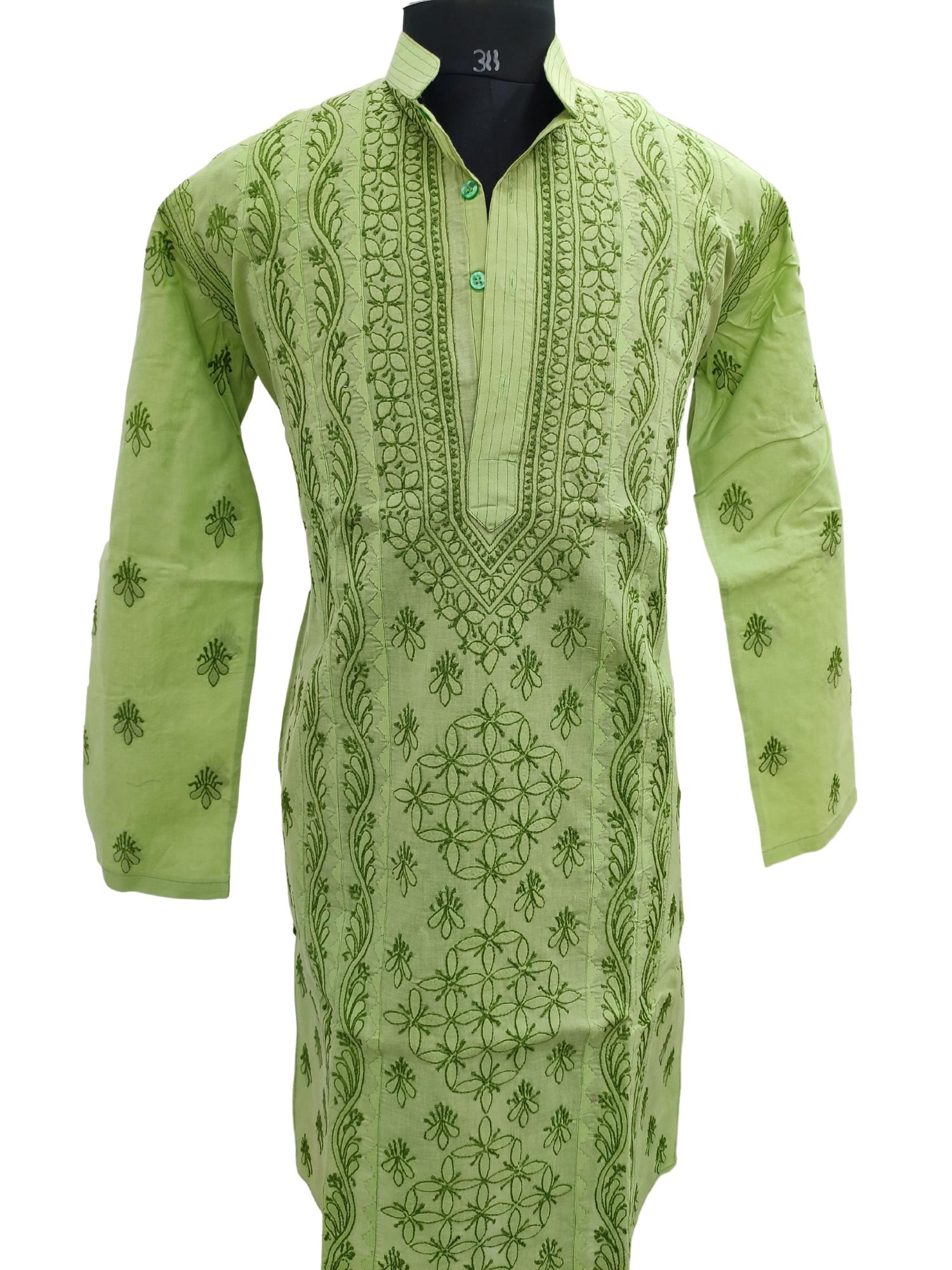 Shyamal Chikan Hand Embroidered Green Cotton Lucknowi Chikankari Men's Kurta With Daraz Work – S13065