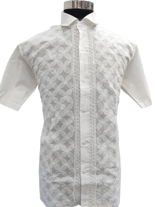 Shyamal Chikan Hand Embroidered White Cotton Lucknowi Chikankari Men's Shirt – S13422