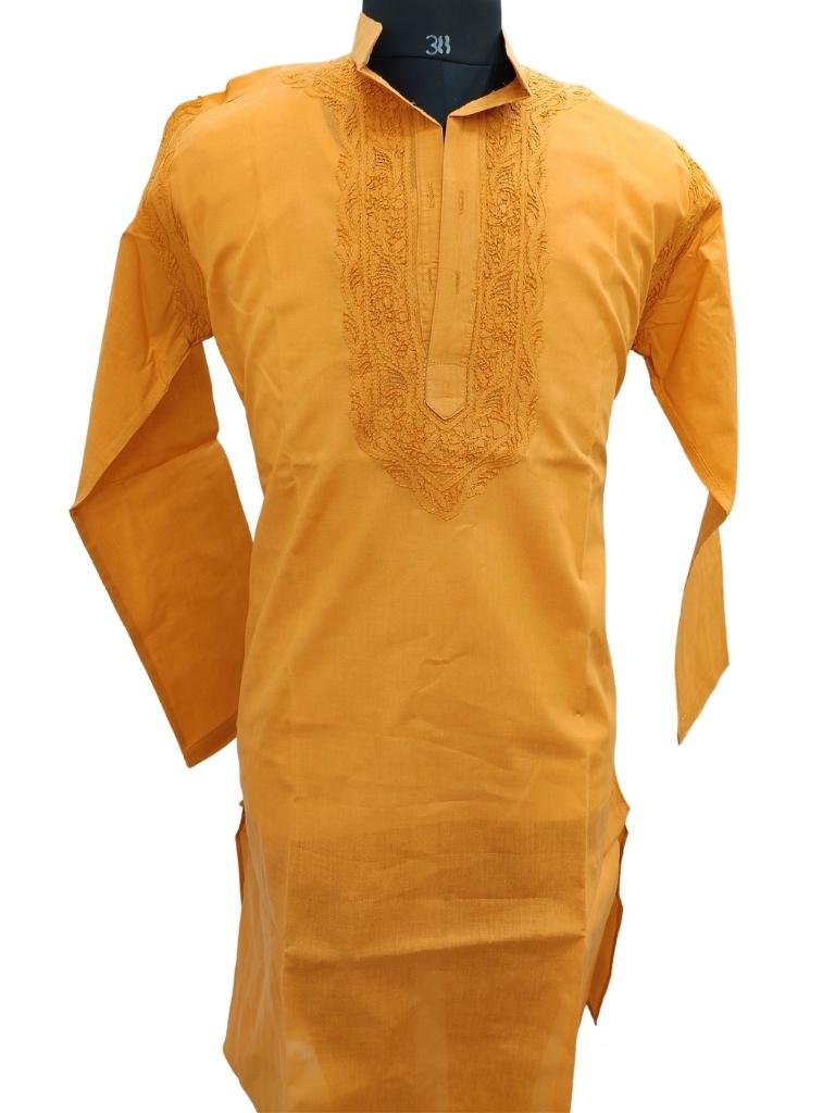 Shyamal Chikan Hand Embroidered Orange Cotton Lucknowi Chikankari Men's Kurta – S15498