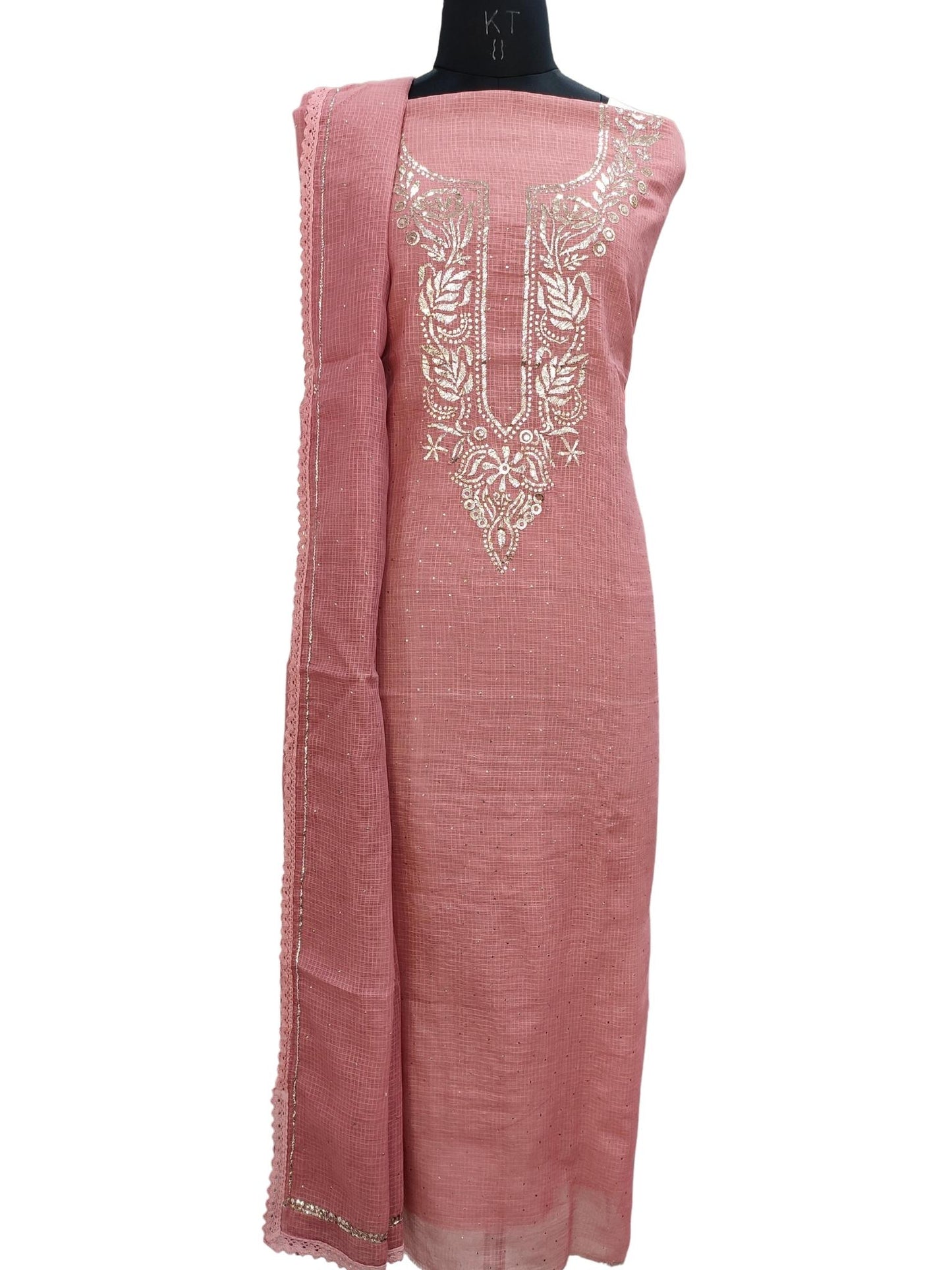 Shyamal Chikan Hand Embroidered Dark Pink Kota Cotton Lucknowi Chikankari Unstitched Suit Piece - S16578