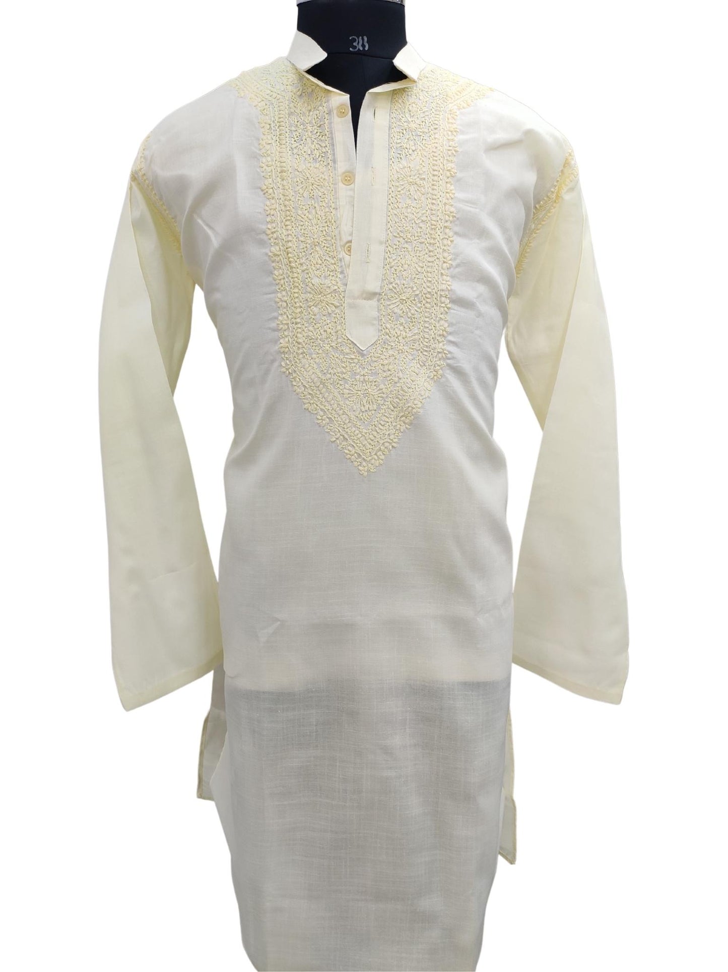 Shyamal Chikan Hand Embroidered Lemon Cotton Lucknowi Chikankari Men's Kurta – S17042