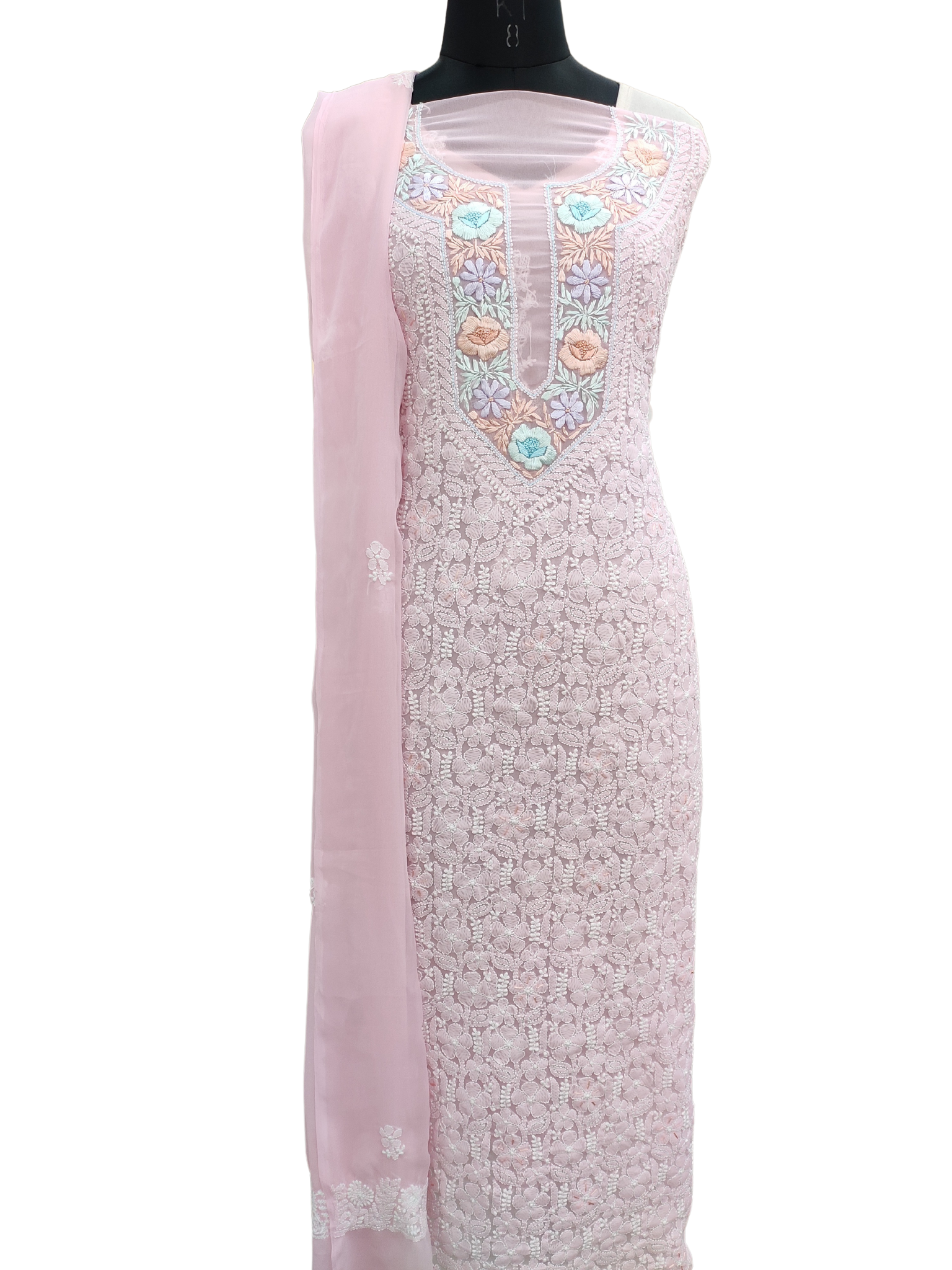 Shyamal Chikan Hand Embroidered Pink Georgette Lucknowi Chikankari Unstitched Suit Piece With Parsi Work - S18673