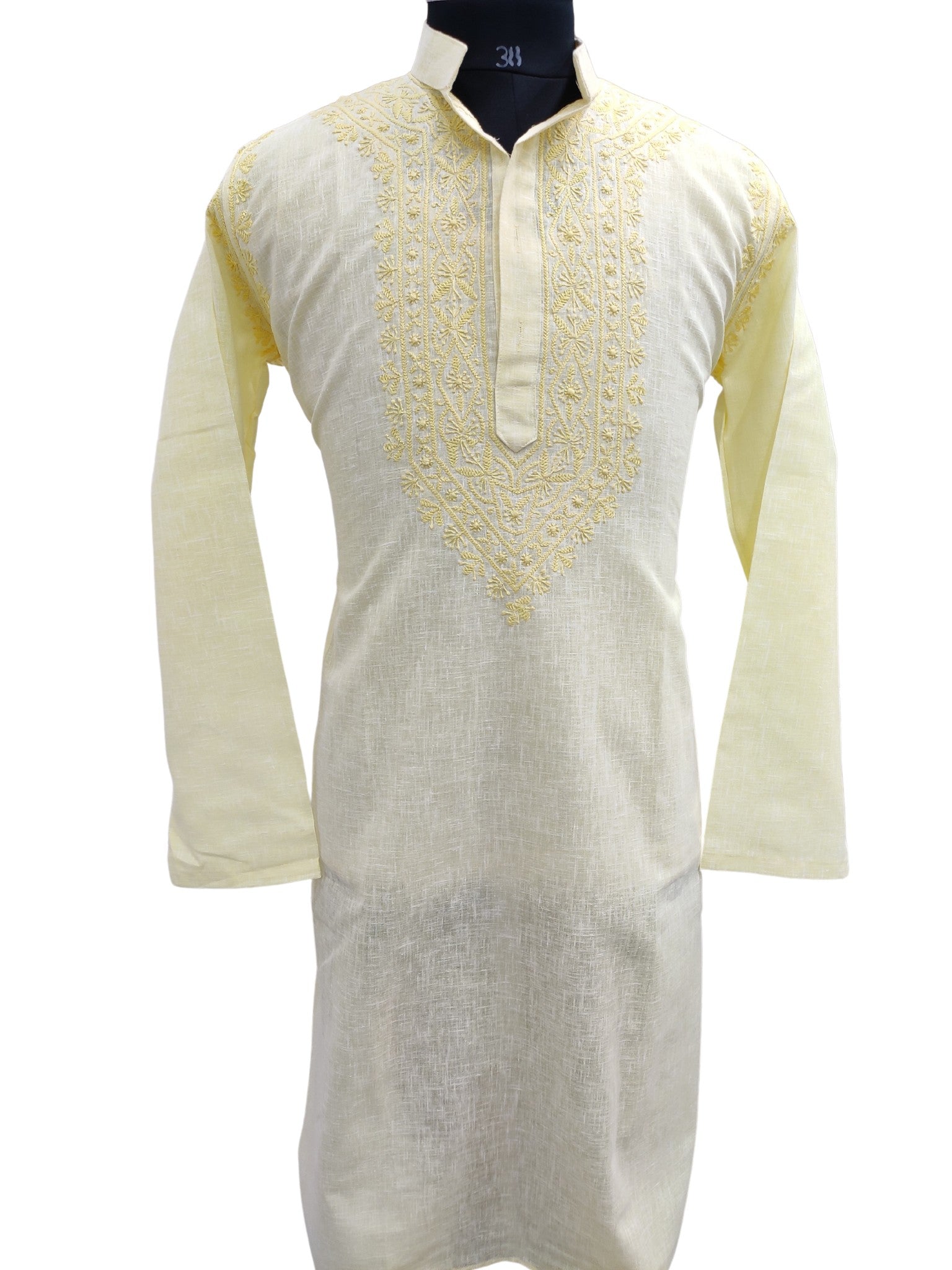 Shyamal Chikan Hand Embroidered Lemon Cotton Lucknowi Chikankari Men's Kurta – S19016