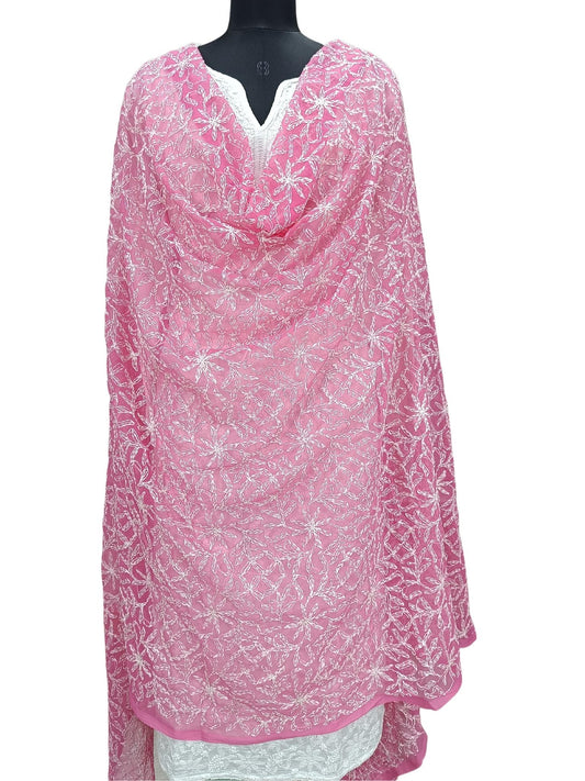 Shyamal Chikan Hand Embroidered Pink Georgette Lucknowi Chikankari Dupatta - S19661