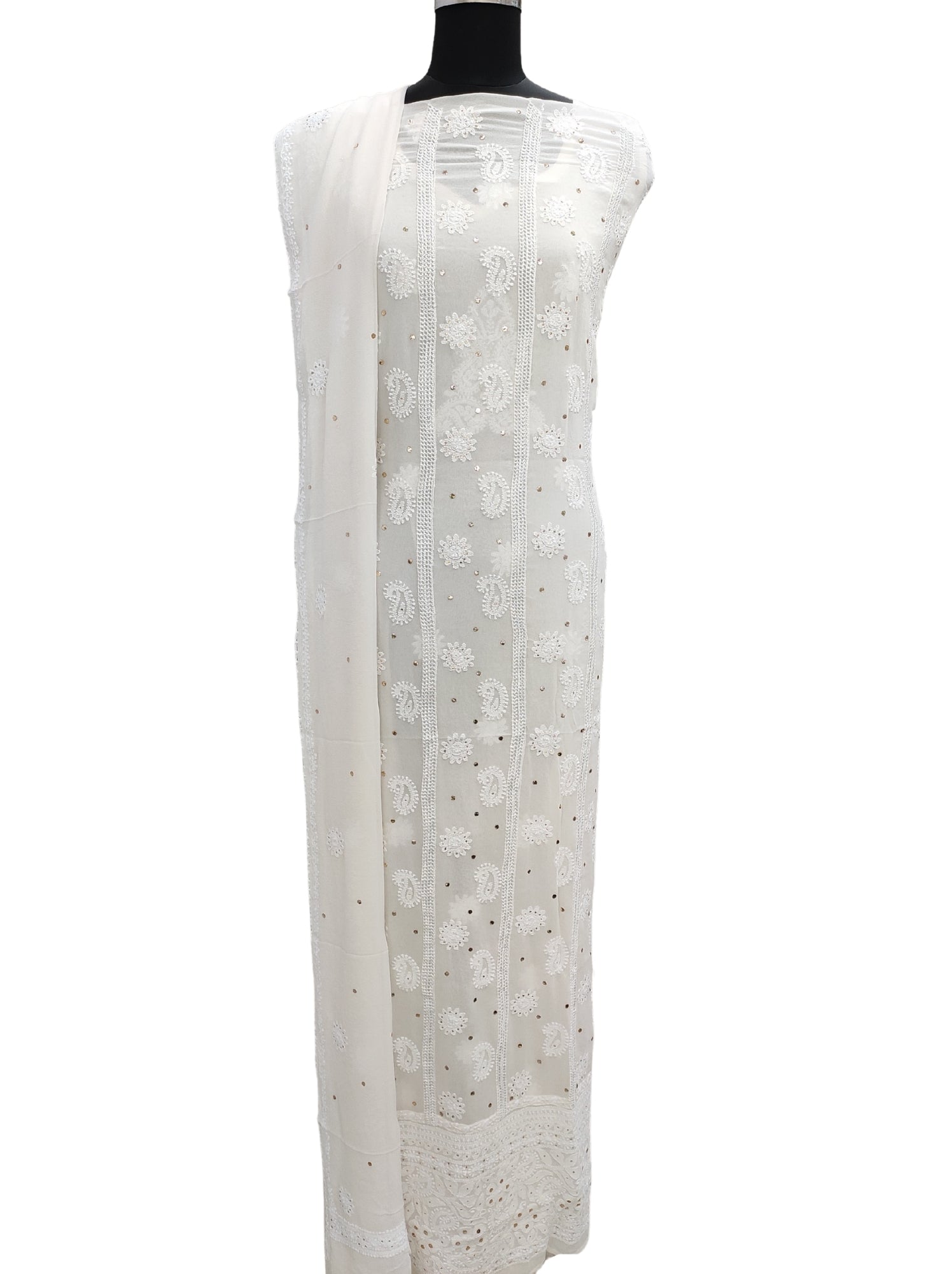 Shyamal Chikan Hand Embroidered White Pure Georgette Lucknowi Chikankari Unstitched Suit Piece With Mukaish and Crosia Work - S2674