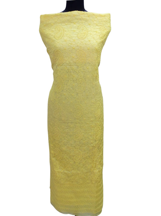 Shyamal Chikan Hand Embroidered Yellow Pure Tusser Silk Lucknowi Chikankari Unstitched Kurta Piece - S5772