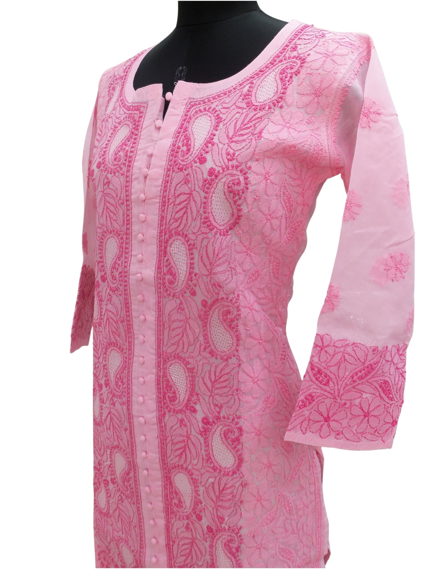 Shyamal Chikan Hand Embroidered Pink Cotton Lucknowi Chikankari Kurti With Jaali Work- S4393