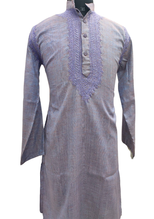 Shyamal Chikan Embroidered Purple Cotton Lucknowi Chikankari Men's Kurta – S11829