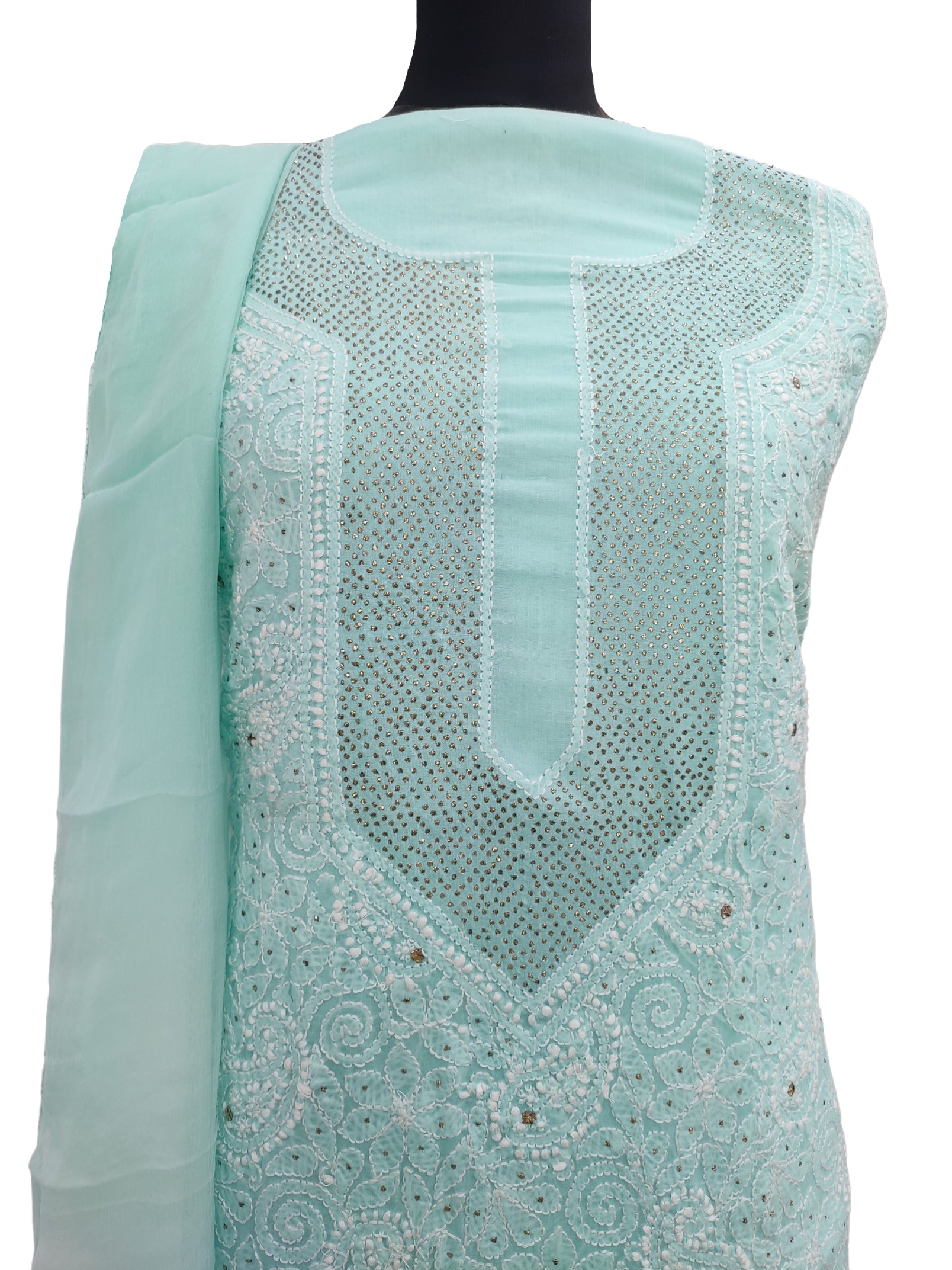 Shyamal Chikan Hand Embroidered Sea Green Cotton Lucknowi Chikankari Unstitched Suit Piece With Mukaish Work - S12199 - Shyamal Chikan