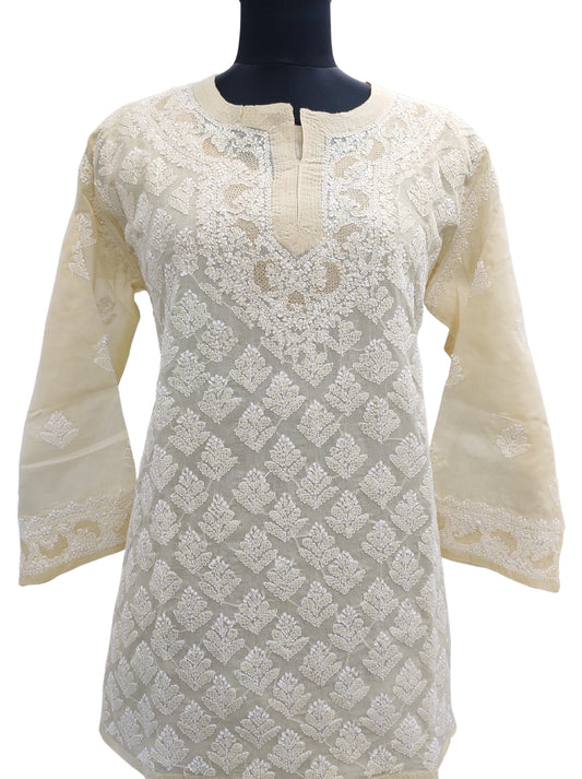 Shyamal Chikan Hand Embroidered Beige Cotton Lucknowi Chikankari All Over Short Top- S12258