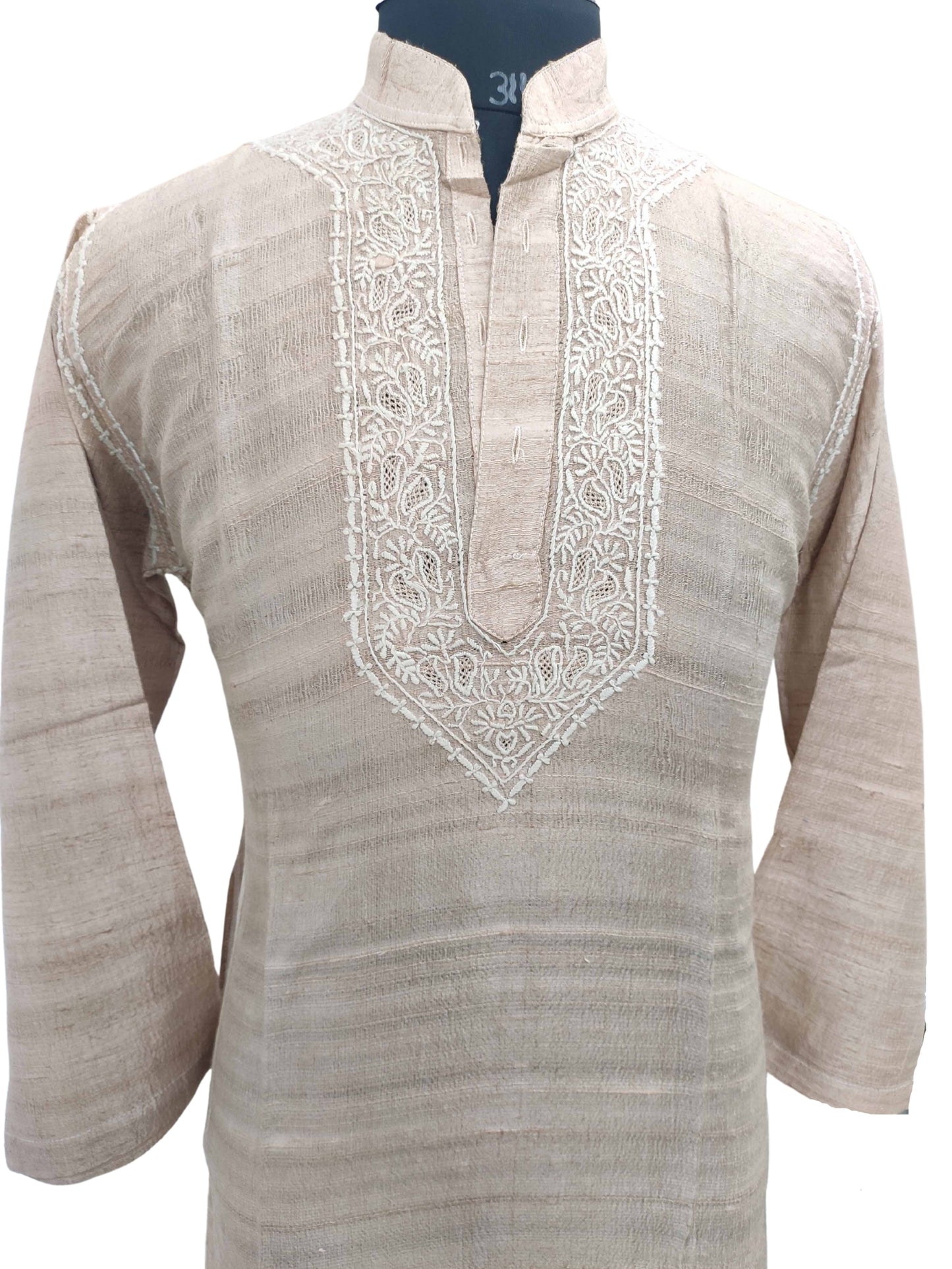Shyamal Chikan Hand Embroidered Beige Silk Lucknowi Chikankari Men's Kurta – S11766
