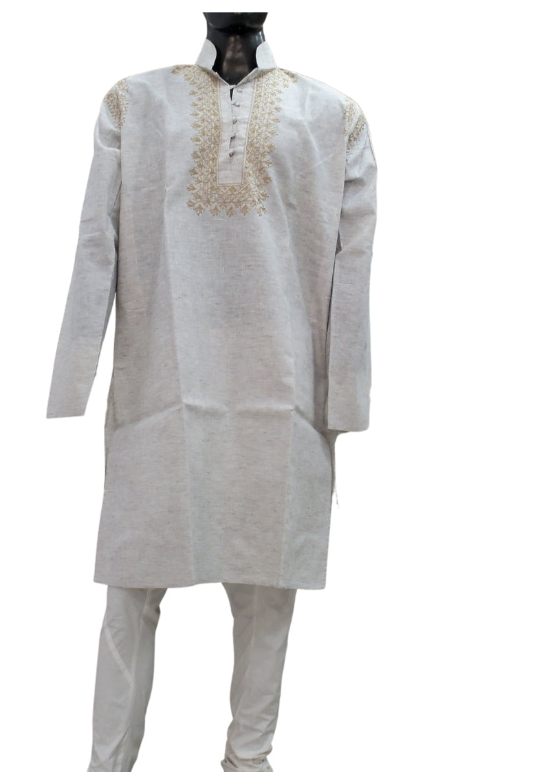 Shyamal Chikan Hand Embroidered Beige Cotton Lucknowi Chikankari Men's Kurta – S1381