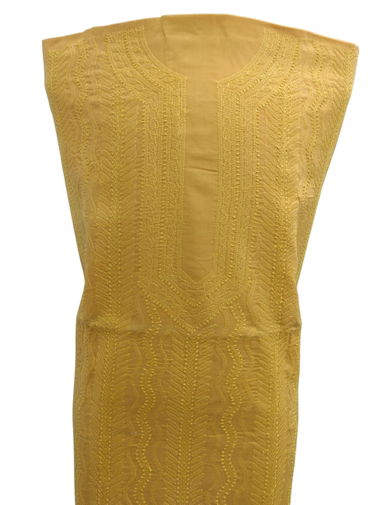 Shyamal Chikan Hand Embroidered Mustard Yellow Cotton Lucknowi Chikankari Unstitched Men's Kurta Piece – S1411