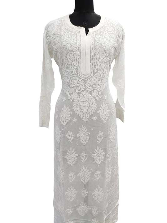 Shyamal Chikan Hand Embroidered White Viscose Georette Lucknowi Chikankari Kurti- S9931