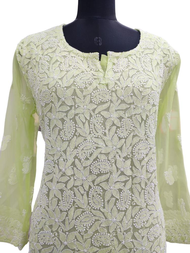 Shyamal Chikan Hand Embroidered Green Georgette Lucknowi Chikankari Kurti- S6012