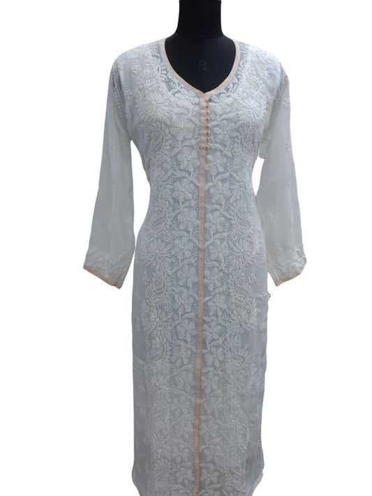 Shyamal Chikan Hand Embroidered White Georgette Lucknowi Chikankari Kurti - S8166