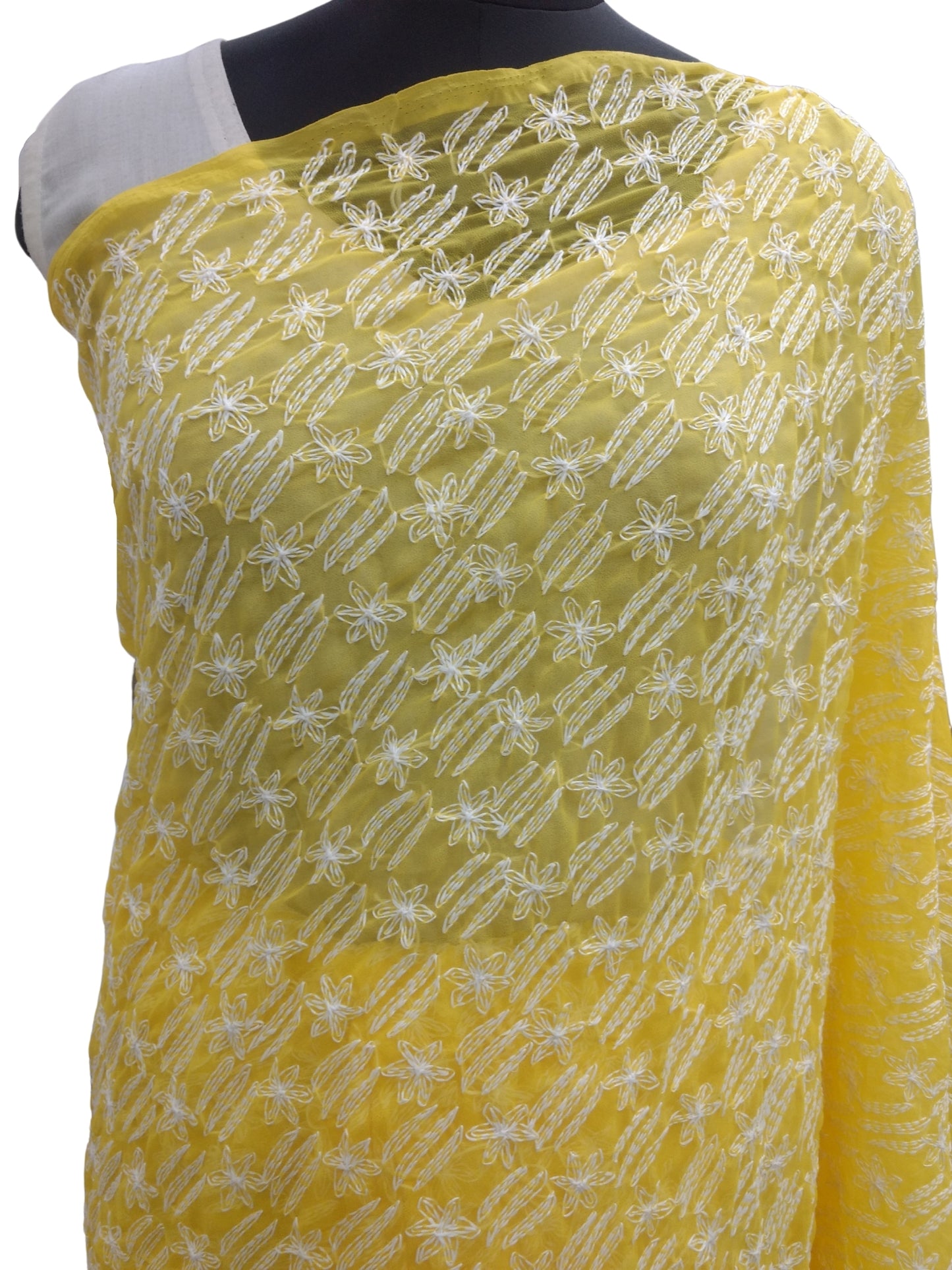 Shyamal Chikan Hand Embroidered Yellow Georgette Lucknowi Chikankari All-Over Saree With Blouse Piece and Tepchi Work S6949
