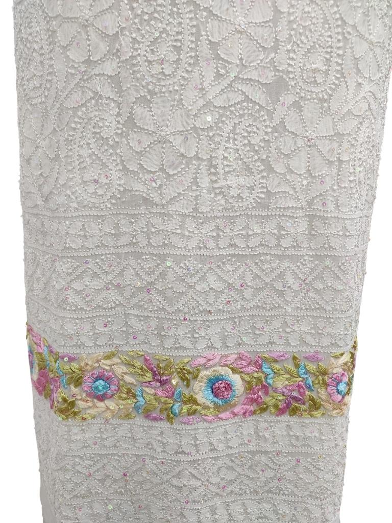 Shyamal Chikan Hand Embroidered White Viscose Georgette Lucknowi Chikankari Unstitched Kurta Piece With Parsi And Sequin Work - S5746 - Shyamal Chikan