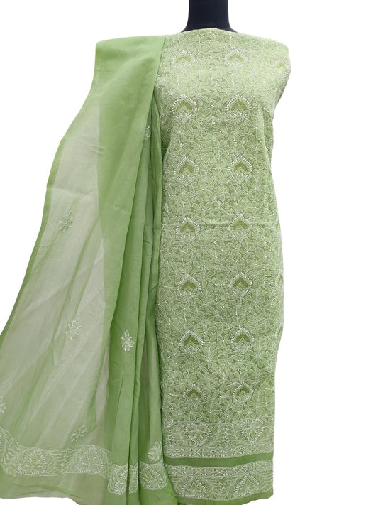 Shyamal Chikan Hand Embroidered Green Cotton Lucknowi Chikankari Unstitched Suit Piece With Cotton Dupatta and Jaali Work- S15636