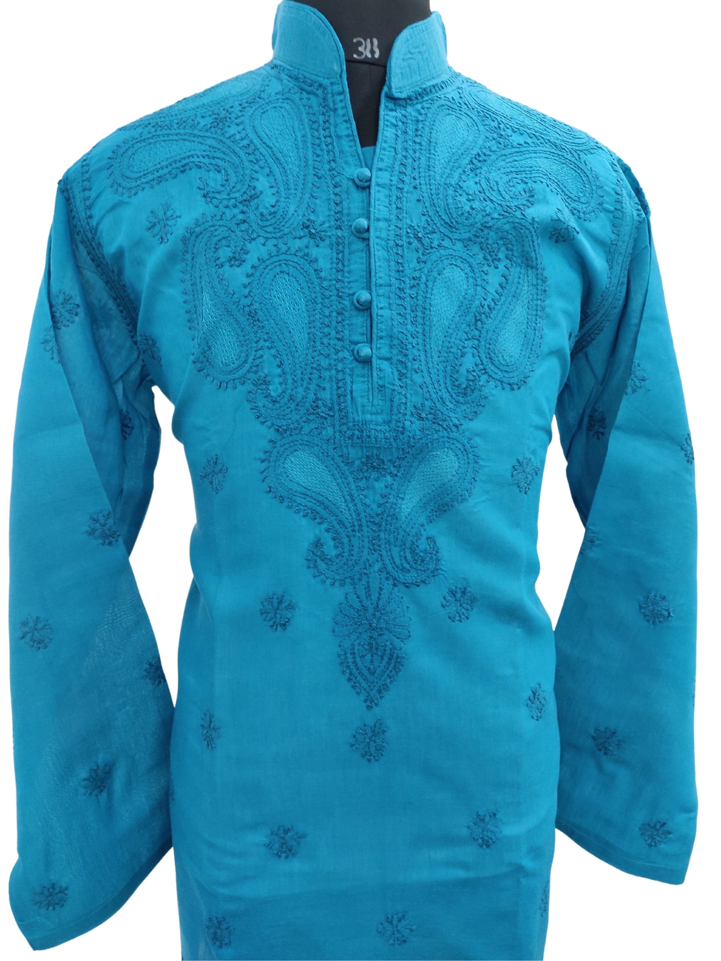 Shyamal Chikan Hand Embroidered Blue Cotton Lucknowi Chikankari Men's  Kurta – S1244