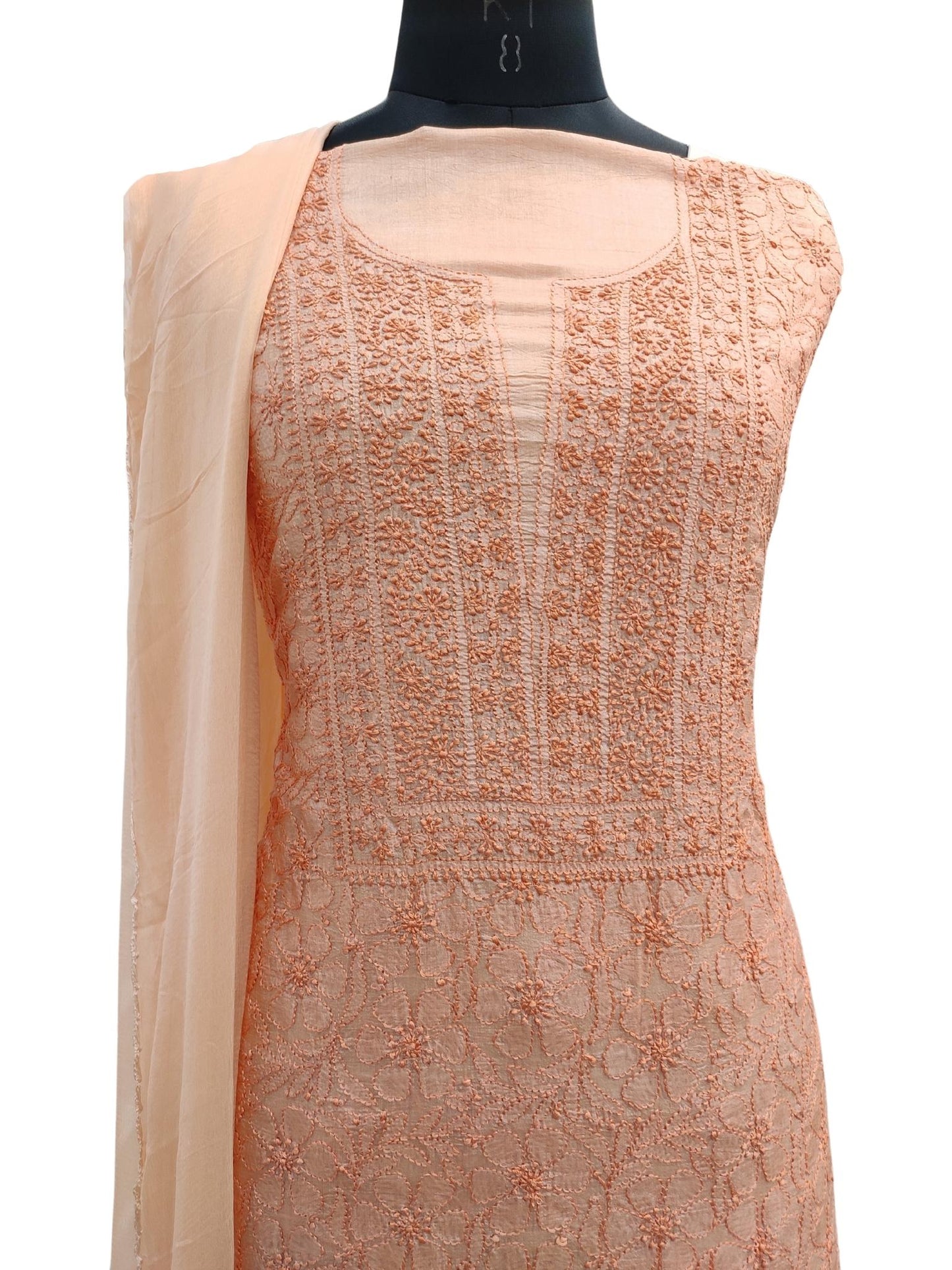 Shyamal Chikan Hand Embroidered Peach Pure Tusser Silk Lucknowi Chikankari Unstitched Suit Piece - S16878