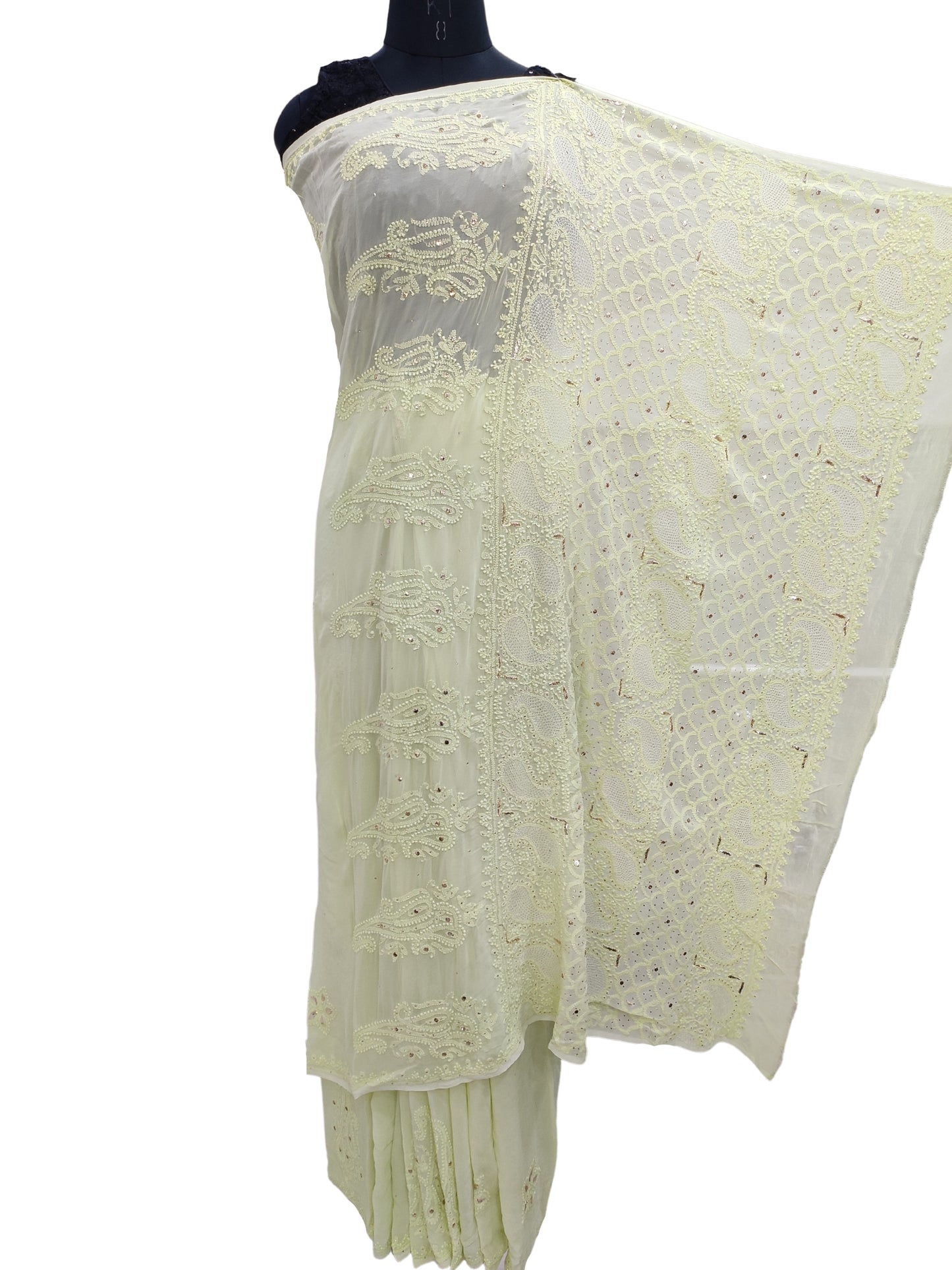 Shyamal Chikan Hand Embroidered Green Viscose Georgette Lucknowi Chikankari Saree With Blouse Piece - S10982