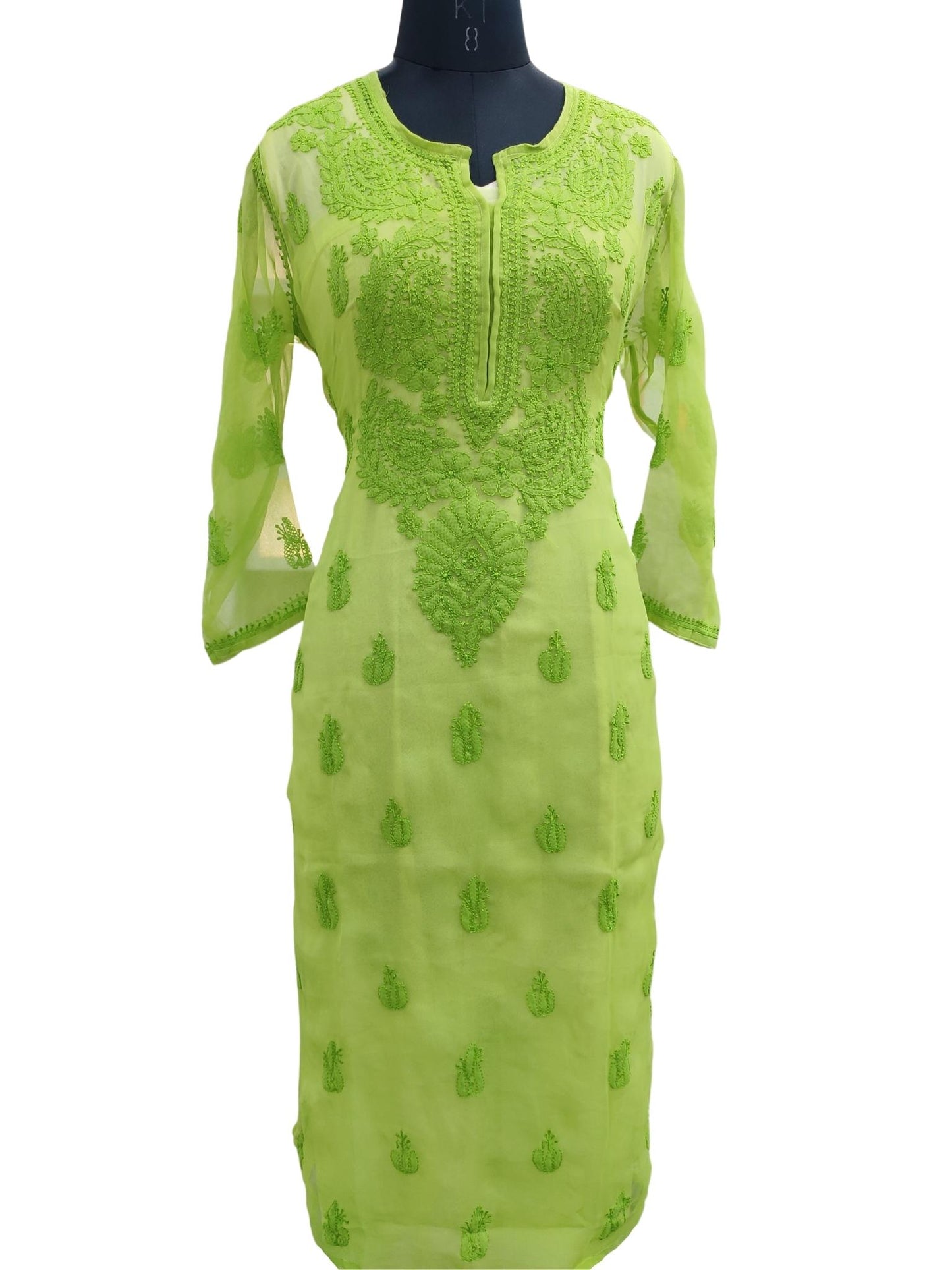 Shyamal Chikan Hand Embroidered Green Georgette Lucknowi Chikankari Kurti - S17955