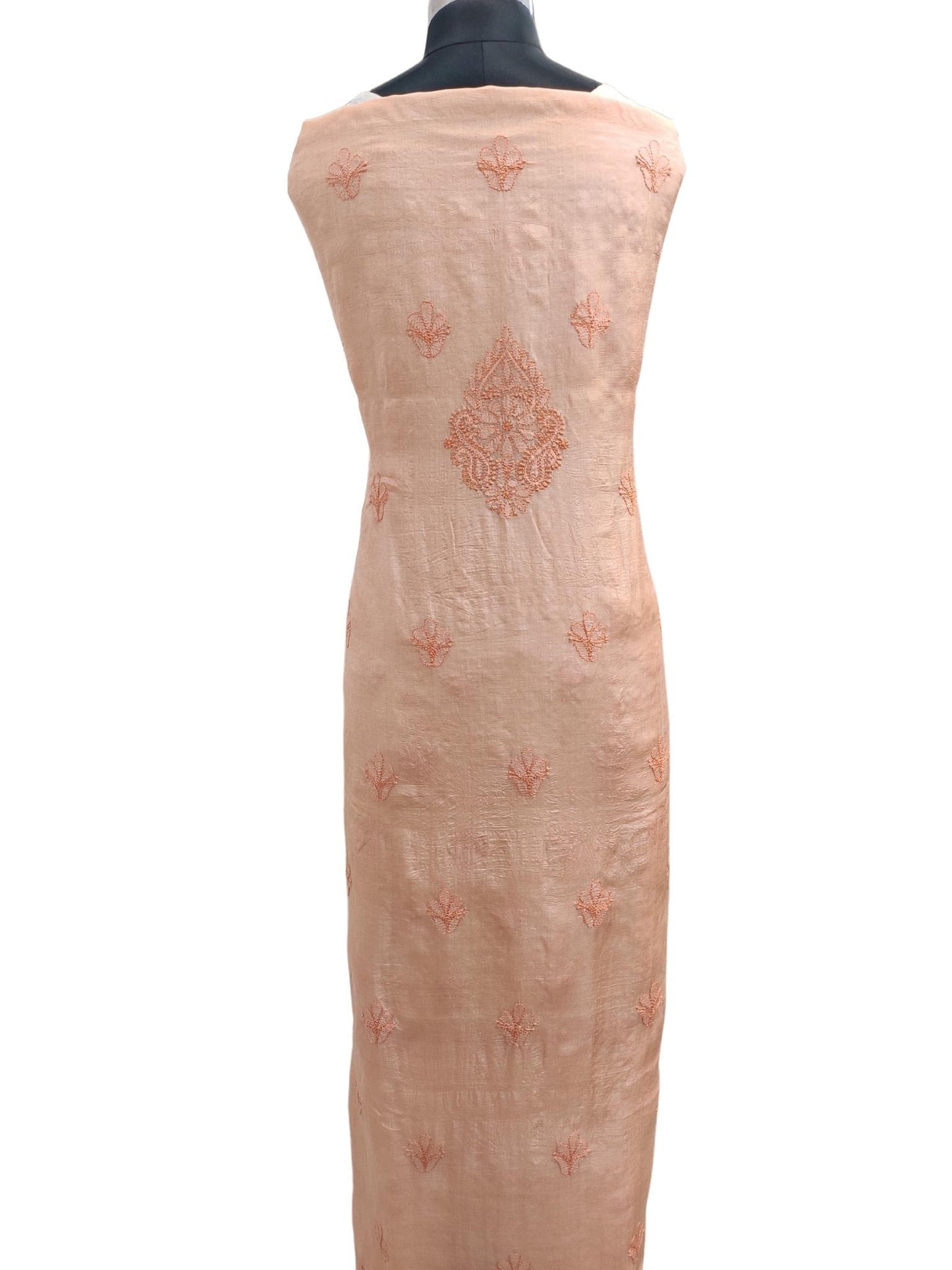 Shyamal Chikan Hand Embroidered Peach Pure Tusser Silk Lucknowi Chikankari Unstitched Suit Piece - S16878