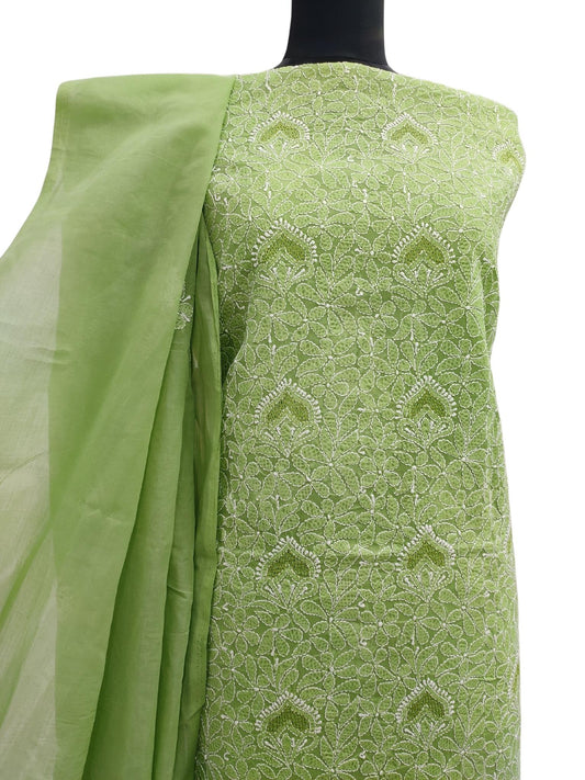 Shyamal Chikan Hand Embroidered Green Cotton Lucknowi Chikankari Unstitched Suit Piece With Cotton Dupatta and Jaali Work- S15636