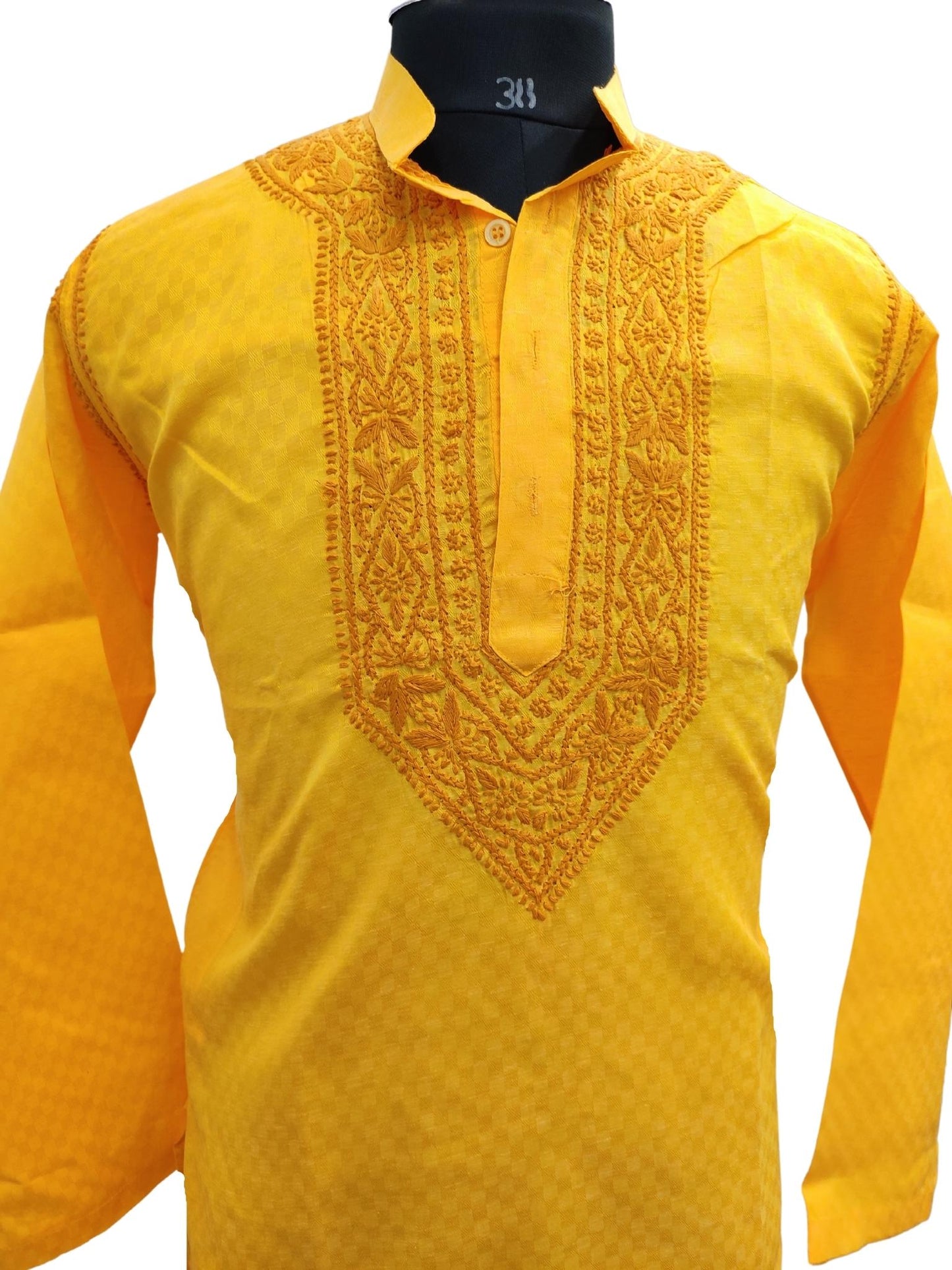 Shyamal Chikan Hand Embroidered Yellow Cotton Lucknowi Chikankari Men's Kurta – S18576