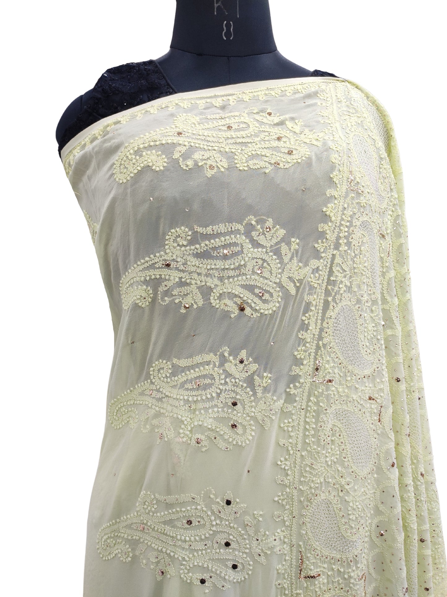 Shyamal Chikan Hand Embroidered Green HQ Viscose Georgette Lucknowi Chikankari Saree With Blouse Piece With Mukaish Work- S10982