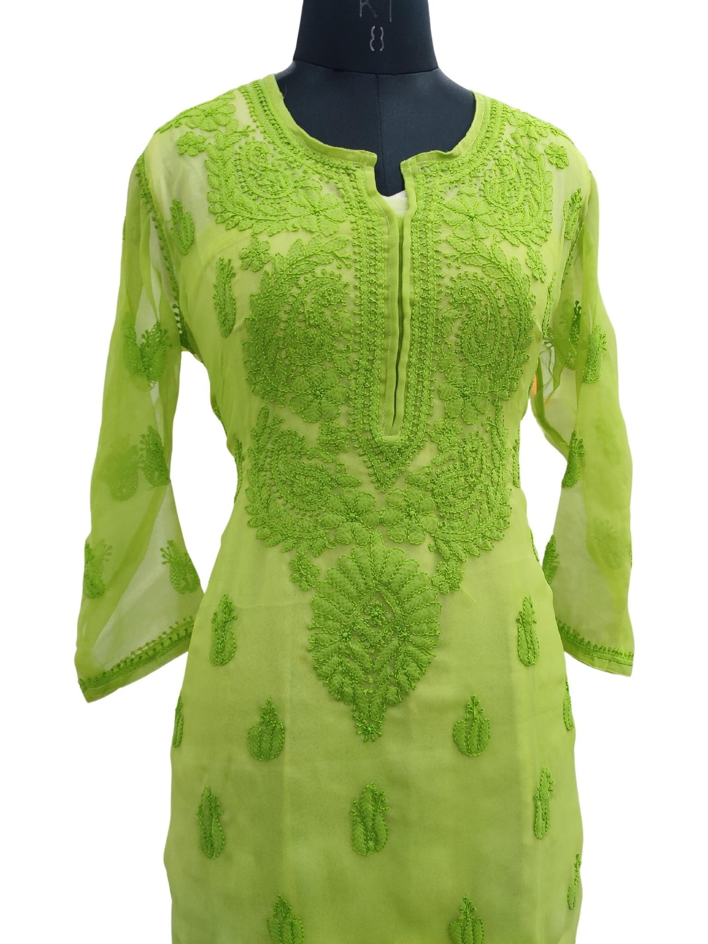 Shyamal Chikan Hand Embroidered Green Georgette Lucknowi Chikankari Kurti - S17955