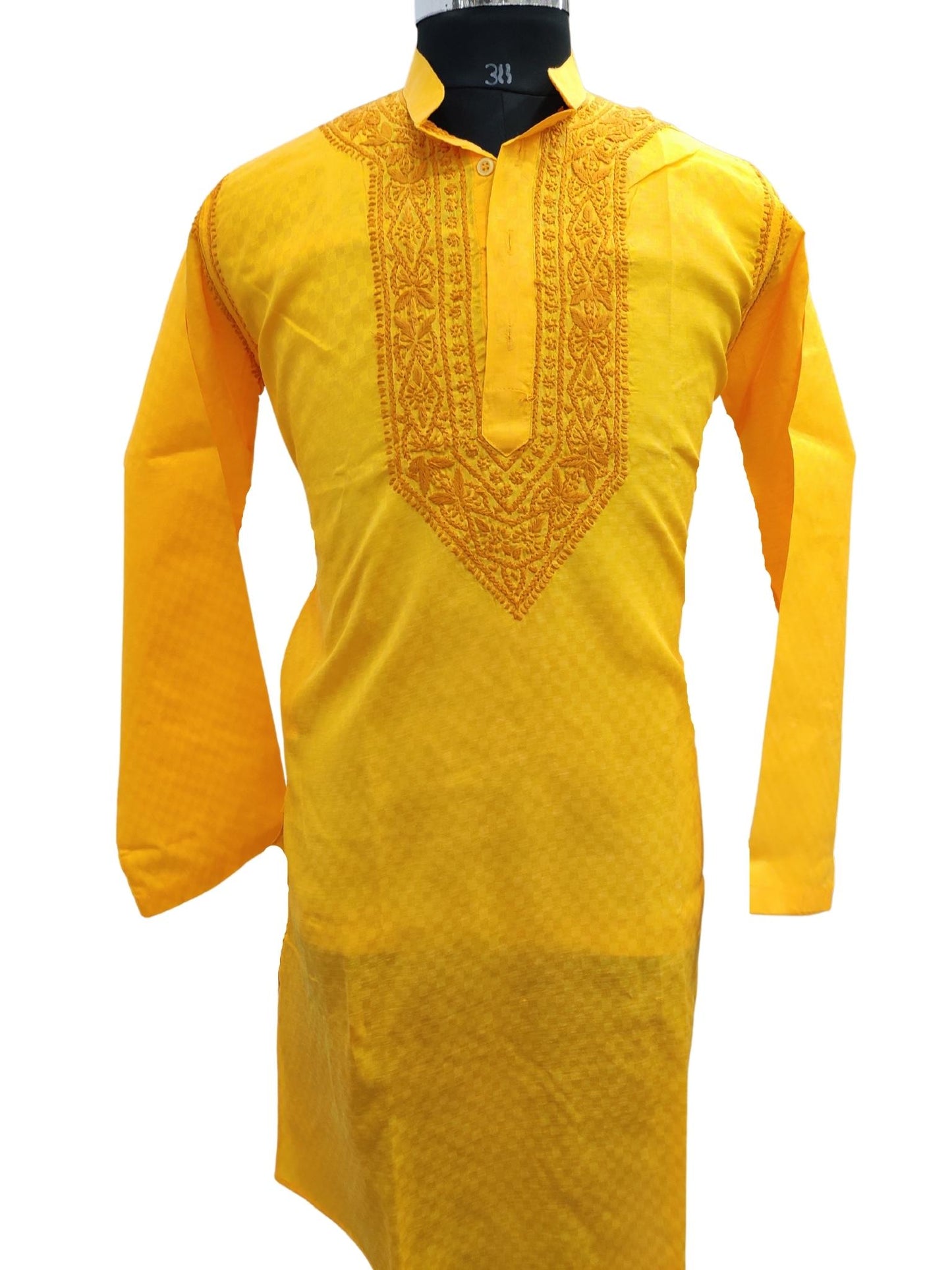 Shyamal Chikan Hand Embroidered Yellow Cotton Lucknowi Chikankari Men's Kurta – S16798