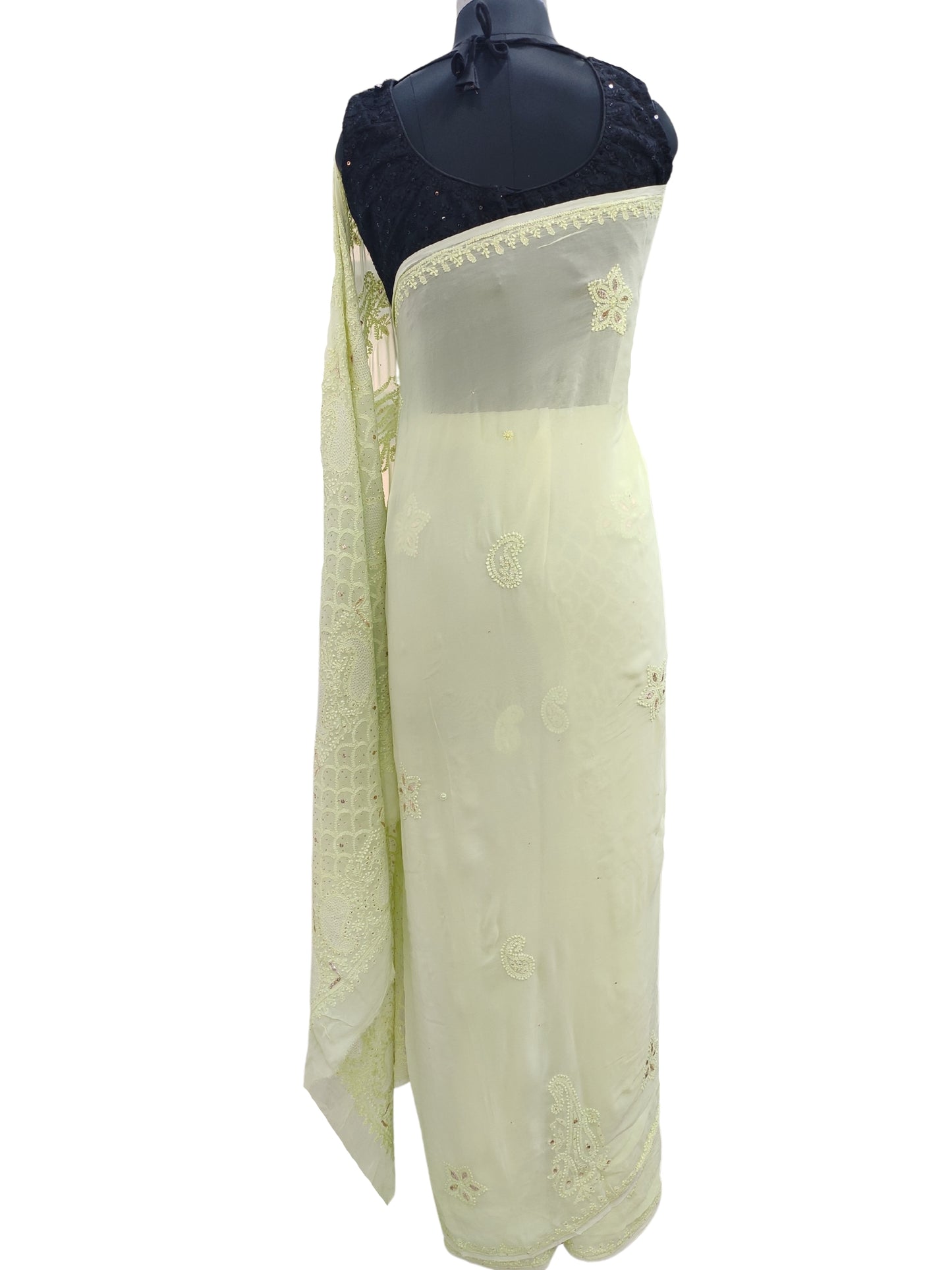 Shyamal Chikan Hand Embroidered Green HQ Viscose Georgette Lucknowi Chikankari Saree With Blouse Piece With Mukaish Work- S10982