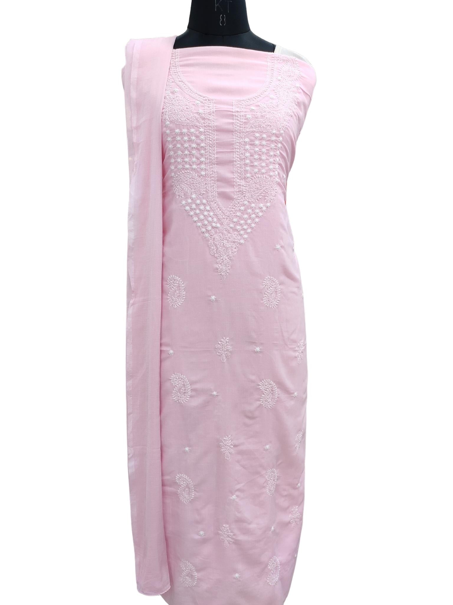 Shyamal Chikan Hand Embroidered Pink Cotton Lucknowi Chikankari Unstitched Suit Piece - S18500