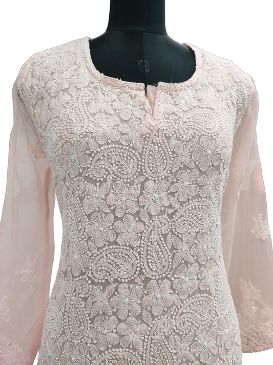 Shyamal Chikan Hand Embroidered Peach Georgette Lucknowi Chikankari Kurti- S12008