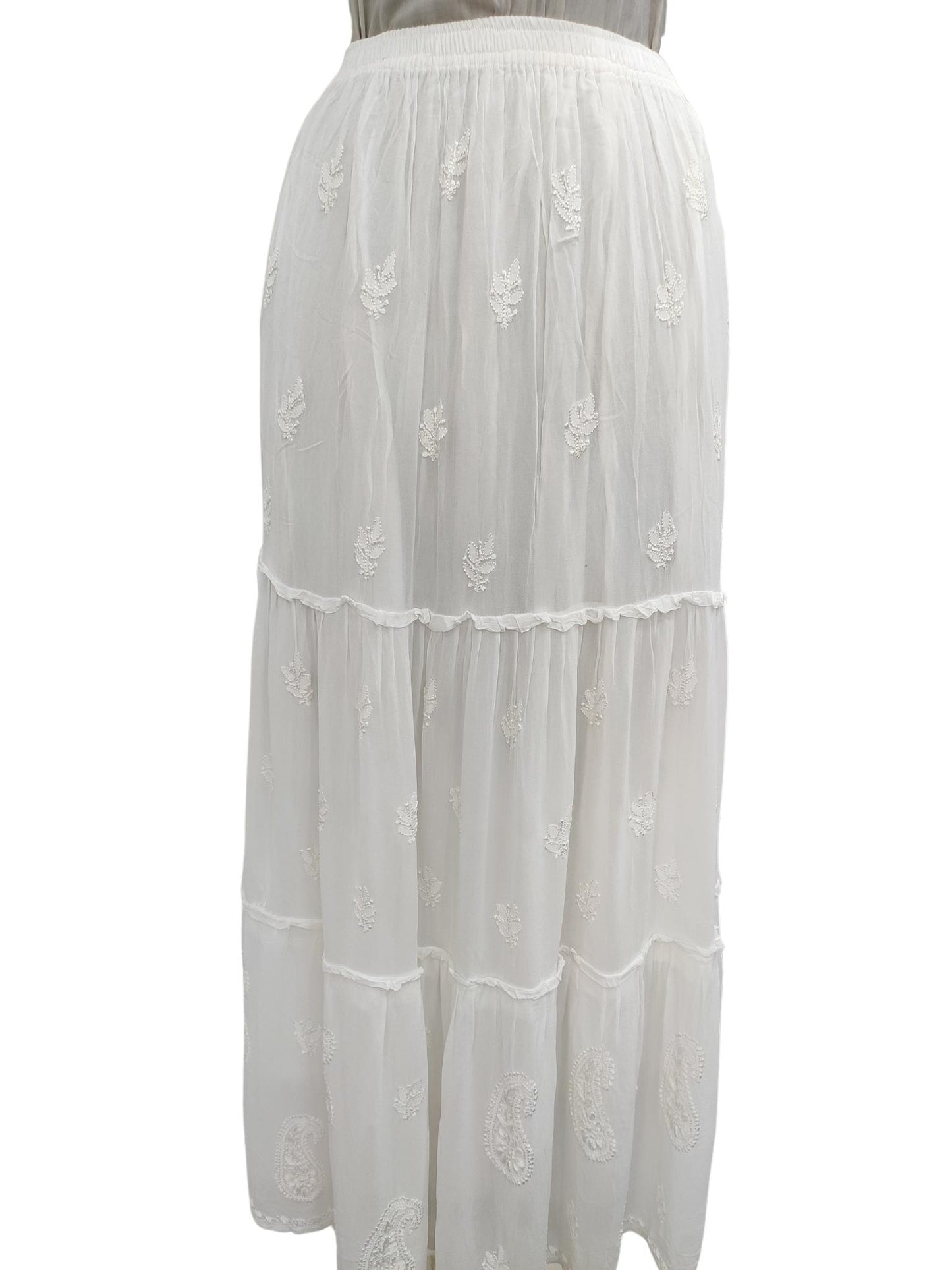Shyamal Chikan Hand Embroidered White Viscose Georgette Lucknowi Chikankari Women's Skirt– S19526