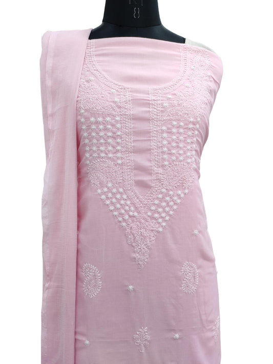 Shyamal Chikan Hand Embroidered Pink Cotton Lucknowi Chikankari Unstitched Suit Piece - S18500