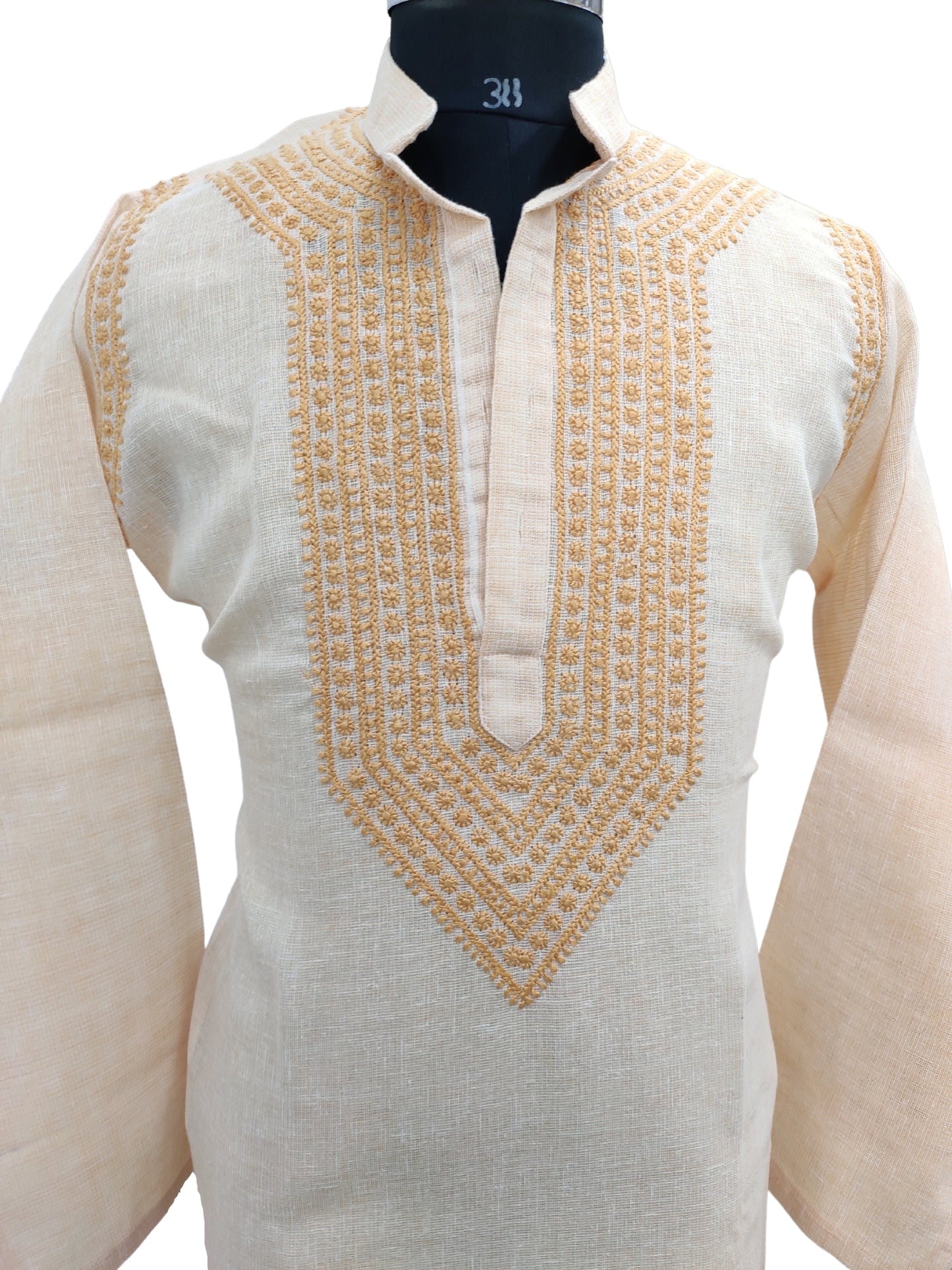 Shyamal Chikan Hand Embroidered Peach Cotton Lucknowi Chikankari Men's Kurta – S17297