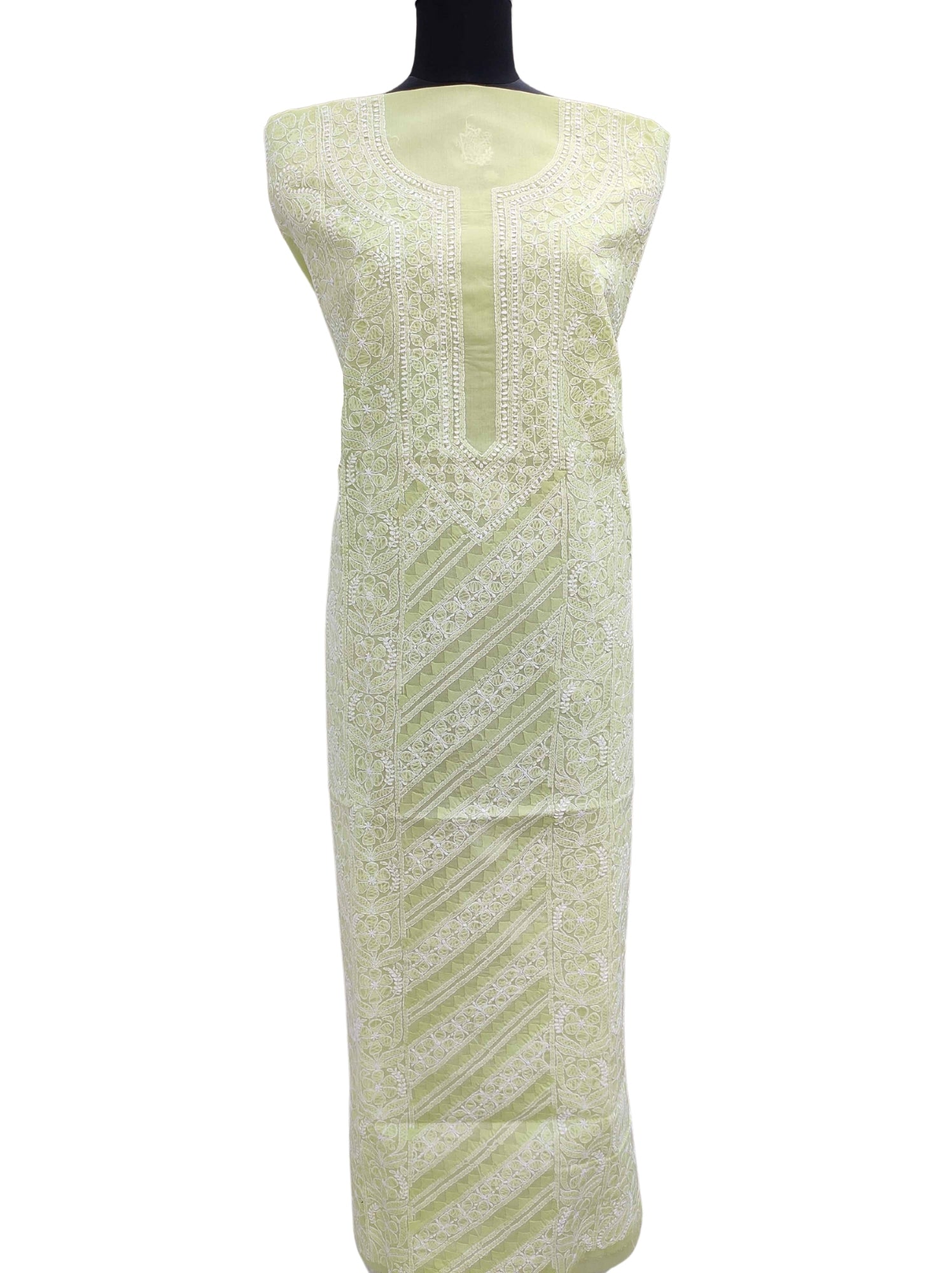 Shyamal Chikan Hand Embroidered Green Cotton Lucknowi Chikankari Unstitched Kurta Piece With Daraz Work - S11708