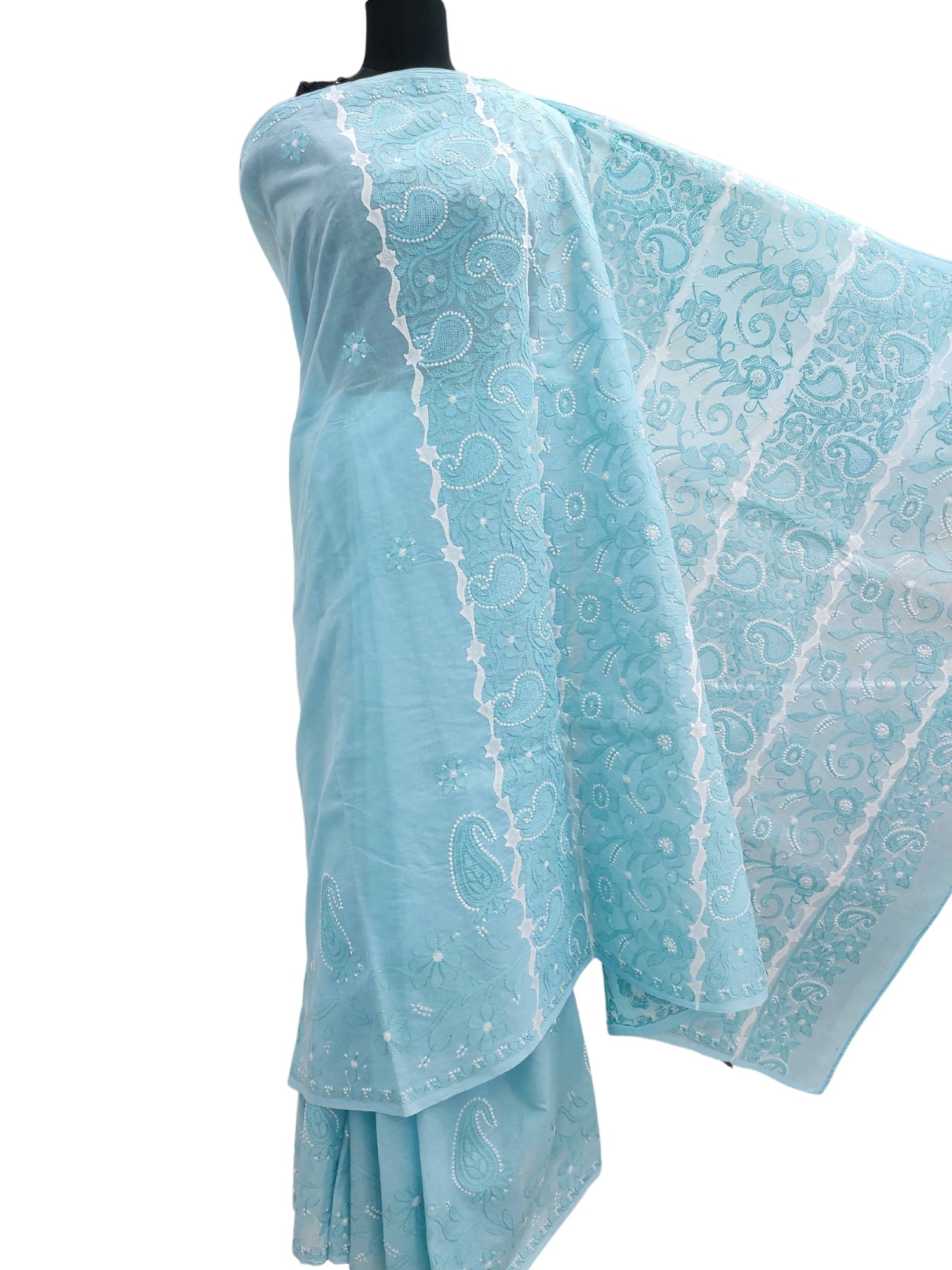 Shyamal Chikan Hand Embroidered Blue Cotton Lucknowi Chikankari Saree With Blouse Piece And daraz Work- S11942