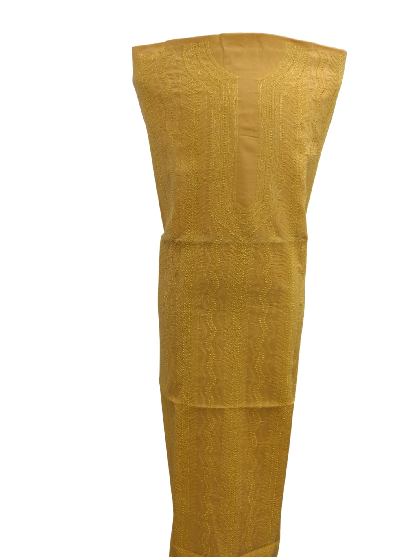 Shyamal Chikan Hand Embroidered Mustard Yellow Cotton Lucknowi Chikankari Unstitched Men's Kurta Piece – S1411