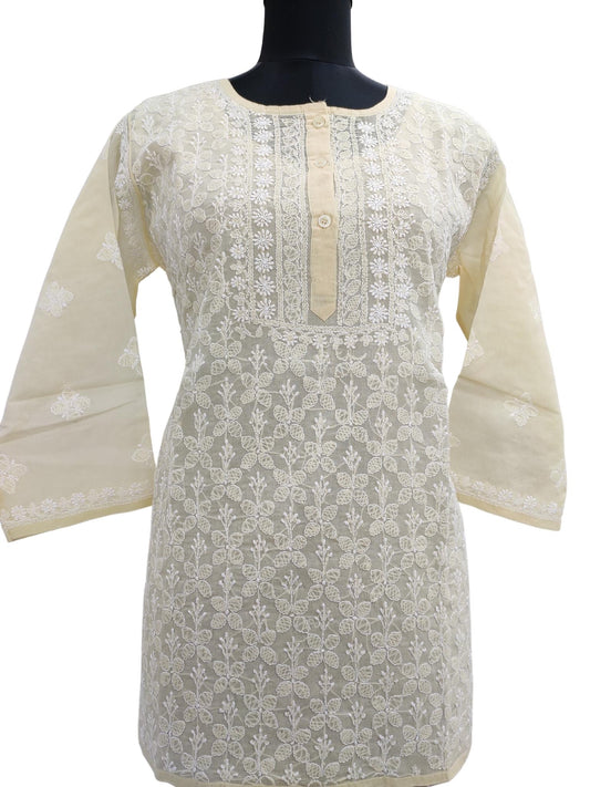 Shyamal Chikan Hand Embroidered Beige Cotton All-Over Lucknowi Chikankari Short Top - Shyamal Chikan Hand Embroidered Beige Cotton All-Over Lucknowi Chikankari Short Top - S15727