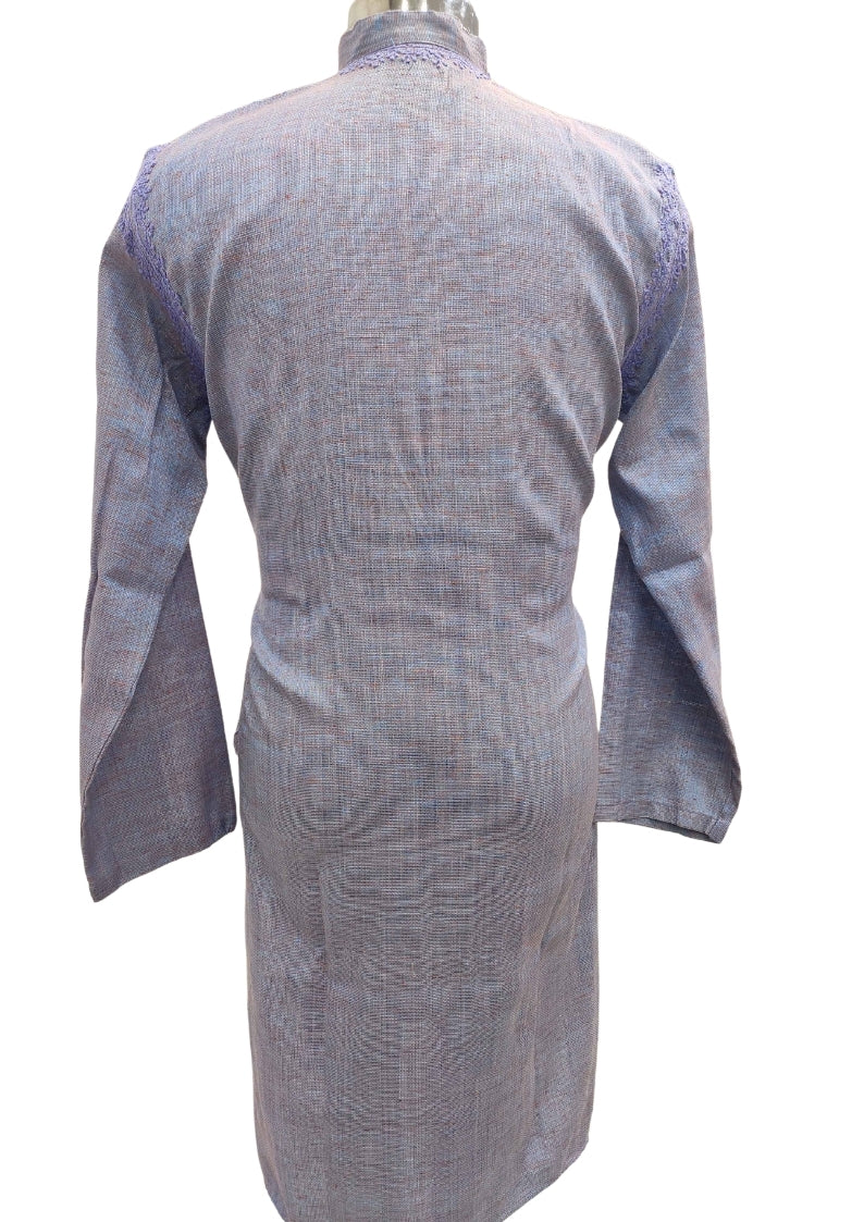 Shyamal Chikan Hand Embroidered Purple Cotton Lucknowi Chikankari Men's Kurta – S11829
