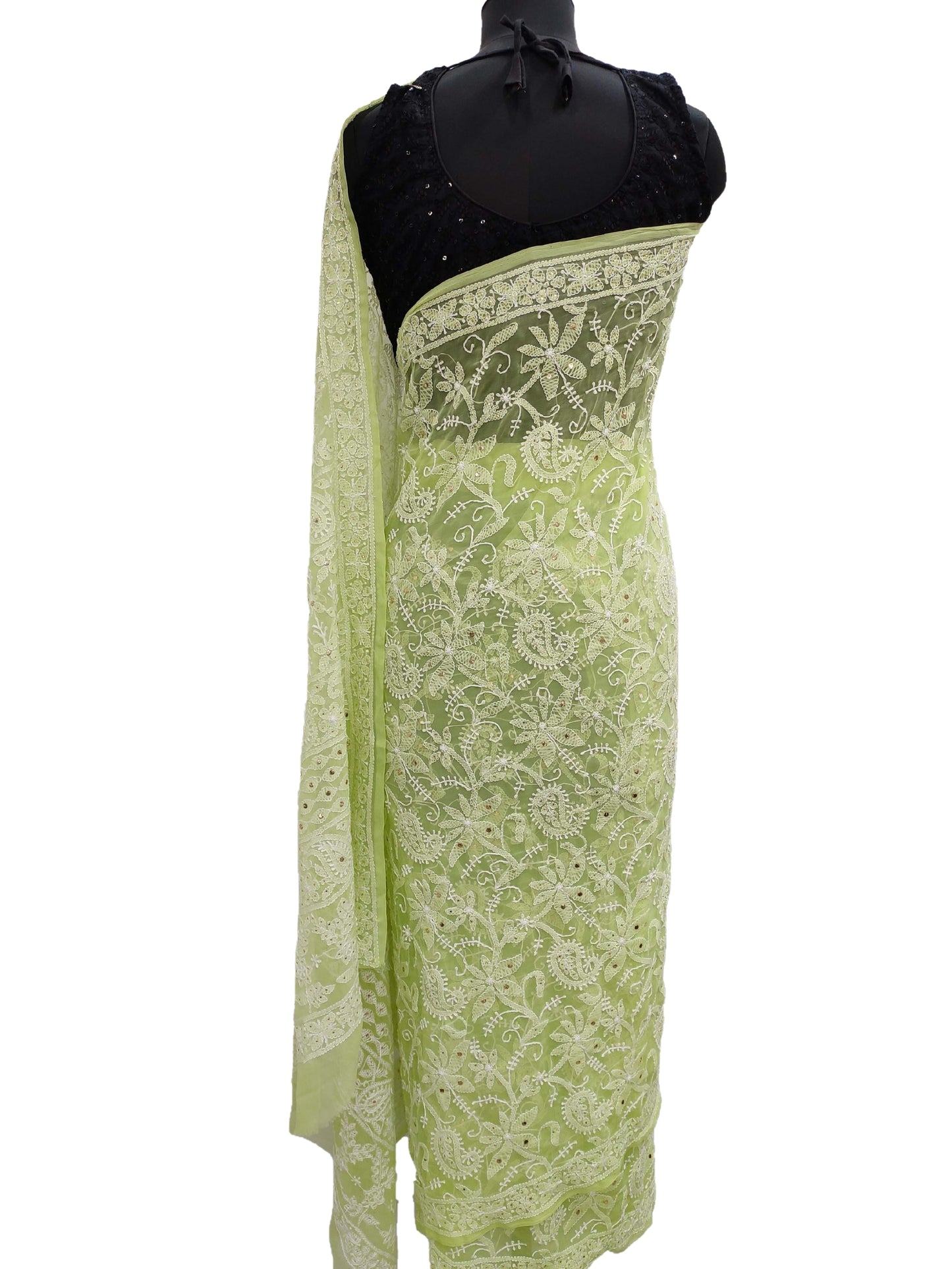 Shyamal Chikan Hand Embroidered Green High Quality Georgette Lucknowi Chikankari Full Jaal Saree With Blouse Piece And Mukaish Work - S9919