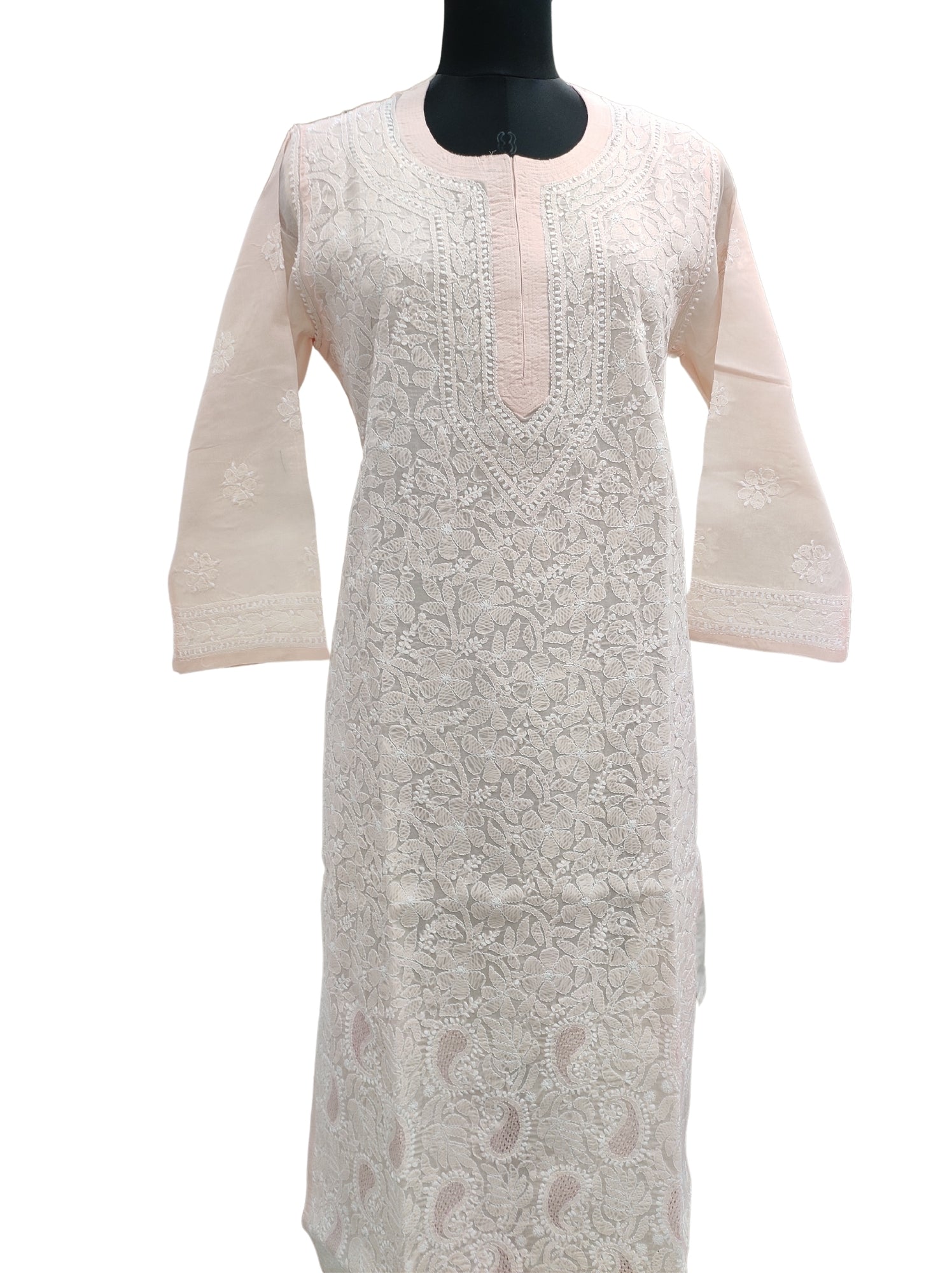 Shyamal Chikan Hand Embroidered Peach Cotton Lucknowi Chikankari Kurti- S7036