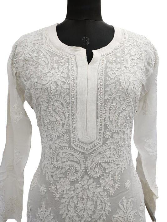 Shyamal Chikan Hand Embroidered White Viscose Georette Lucknowi Chikankari Kurti- S9931